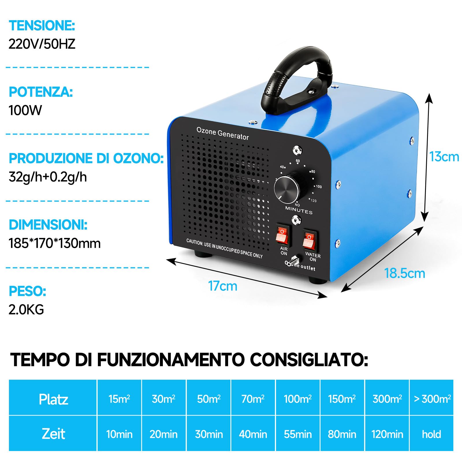 Generatore di Ozono, 32000 mg/h, Purificatore d'aria con 2 Modalità (Aria/Acqua), Ozonizzatore d'aria con Timer da 120 Min, per Stanze, Uffici, Garage, Auto, Fumo e Animali Blu