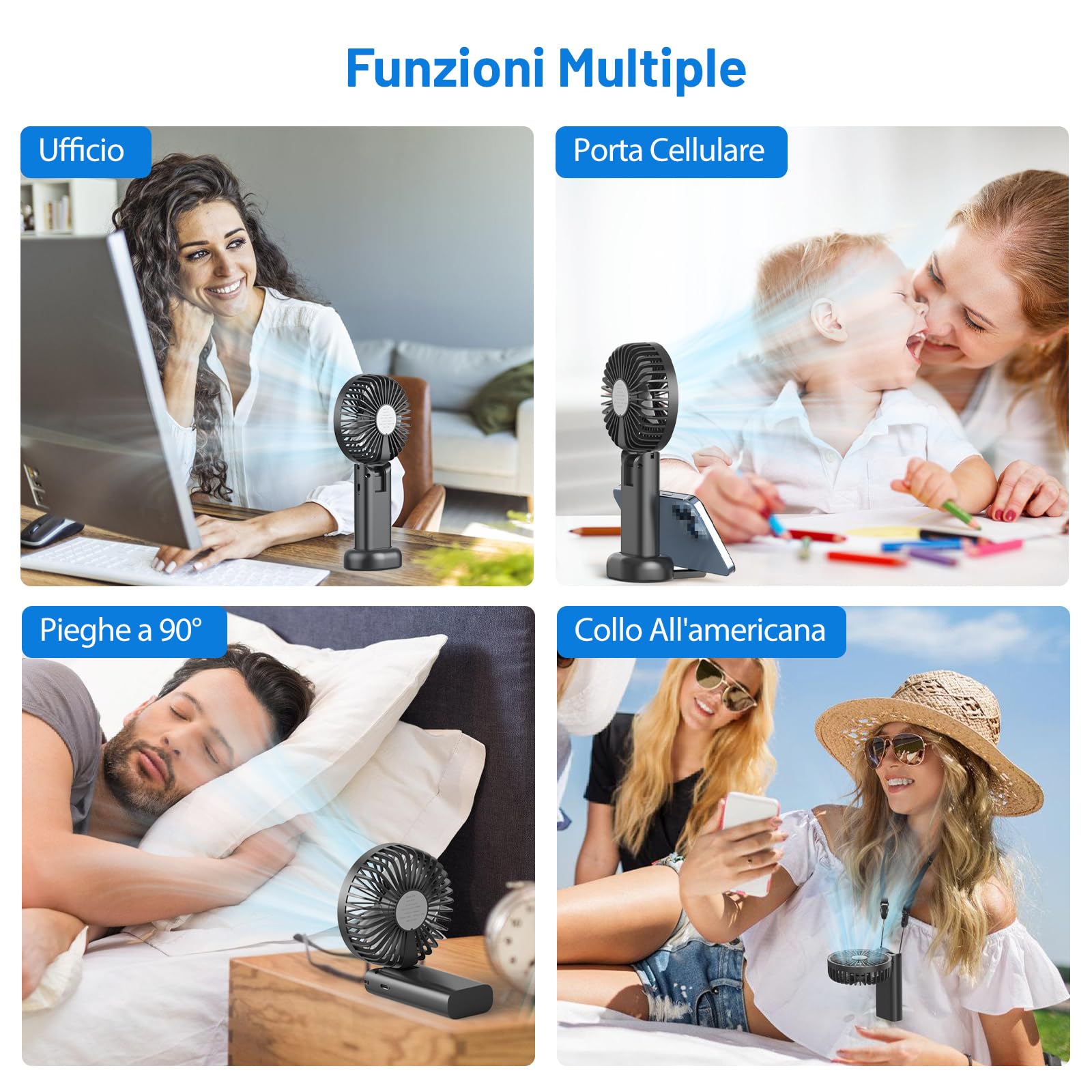 Timiyou Ventilatore a mano, mini ventilatore da viaggio, piccolo con cordino e base, ventilatore a mano, batteria ricaricabile, ventilatore USB per esterni, campeggio, ufficio, casa, viaggi, TM76653