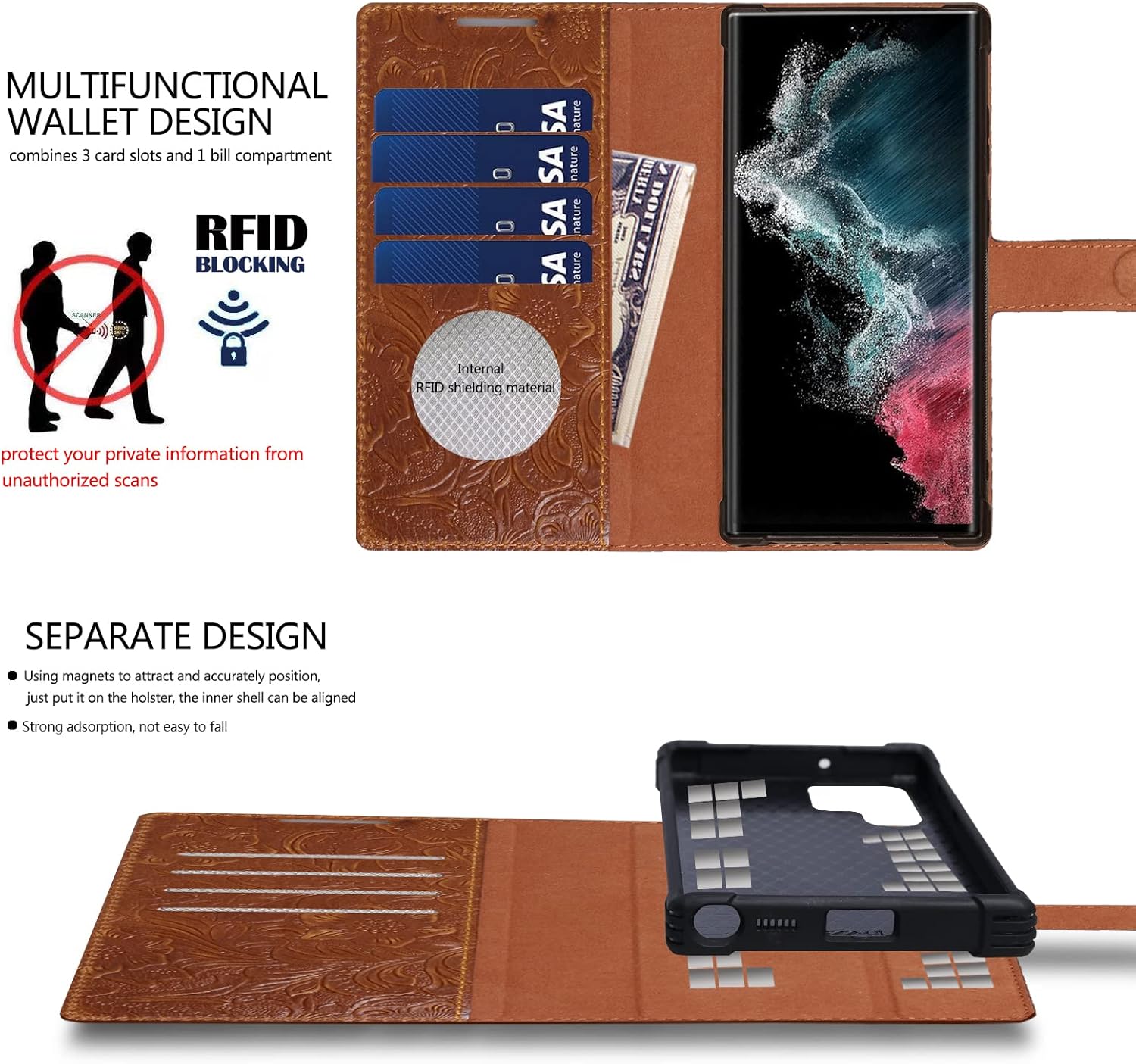 Leather Case Wallet Compatible with Samsung Galaxy S24 Ultra,Genuine Leather2-in-1Magnetic Detachable Shockproof,Flip Folio Cover with Card Slot, RFID Blocking Dark Brown - Image 5