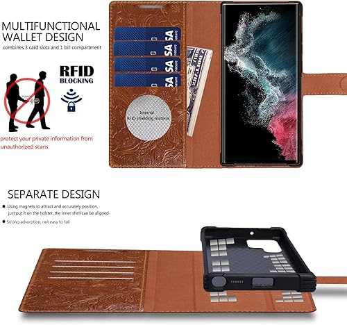 Miniatura 6 de Funda tipo cartera para Samsung Galaxy S22+ de piel auténtica, 2 en 1, magnética, desmontable, a prueba de golpes, con ranura para tarjetas, carga