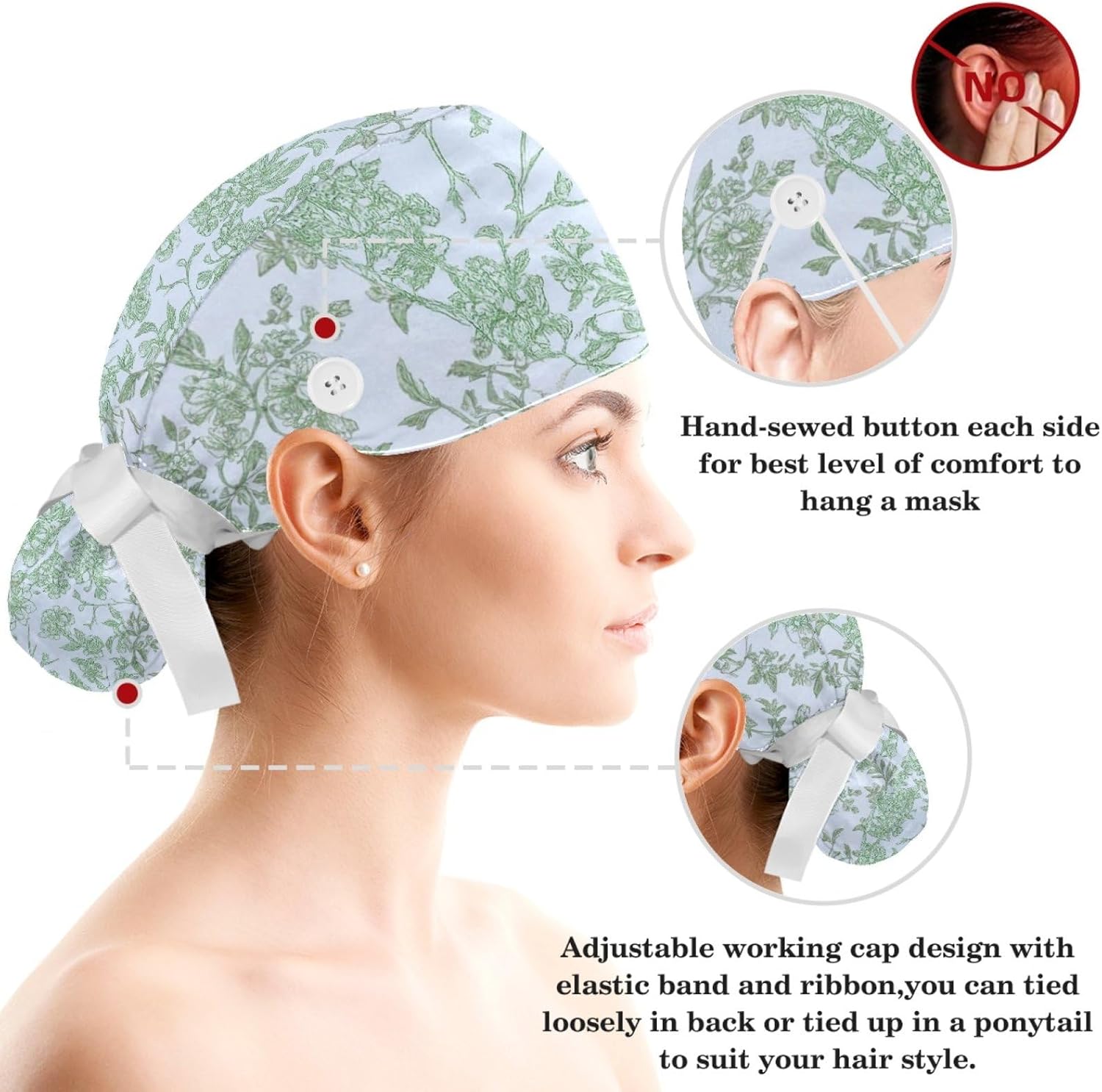 Scrub Caps Women Nursing Hats Wildflowers with Buttons Ponytail Working Adjustable Pouch Tie Back - Image 3