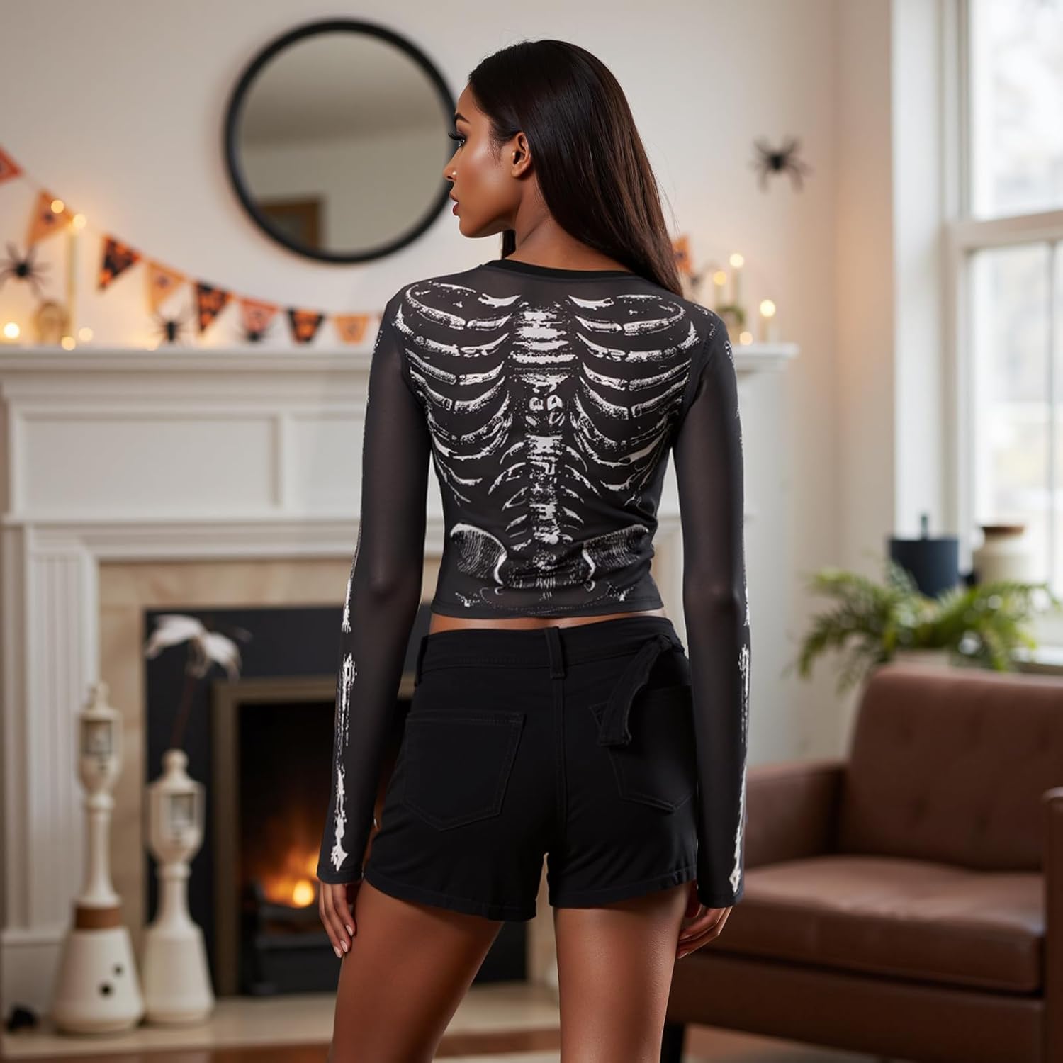 Women's Halloween Mesh Tops Skeleton Print Long Sleeve Gothic T Shirt - Image 4