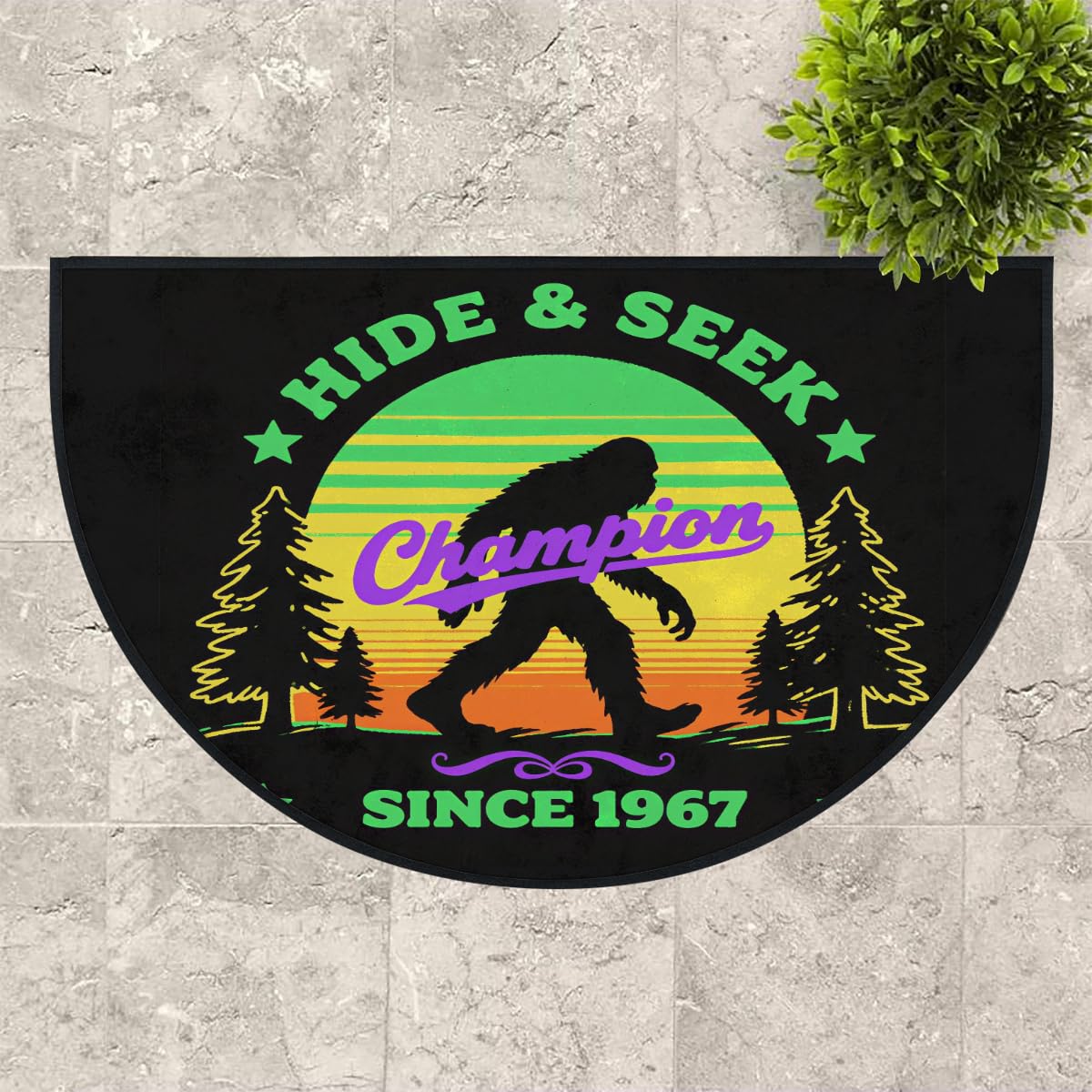 Bigfoot Hide Seek Champion große halbrunde Fußmatte – rutschfest, saugfähig, halbrund, Eingangsbereich, niedlich, weich, halbrund, waschbar, Teppich für Küche, Badezimmer, Schlafzimmer, 160 x