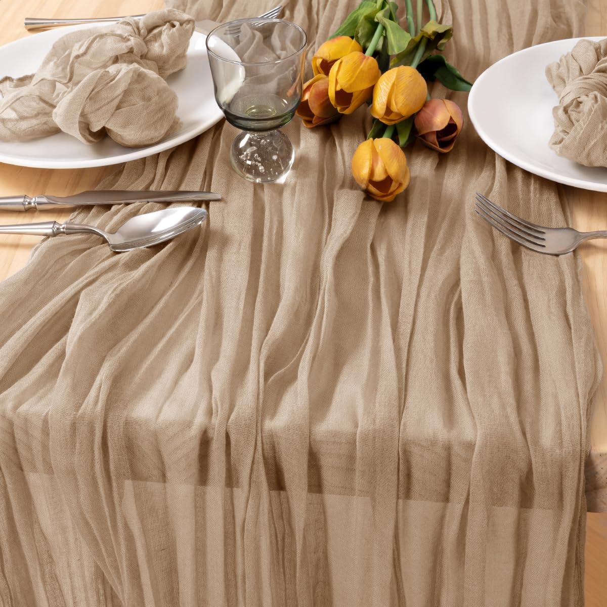 MLMC Seihtuch-Tischläufer, Boho, rustikal, Gaze, Taupe, Käsetuch, neutrale Dekoration, 89 x 305 cm, für Empfang, Hochzeit, Brautparty, Party, Dekoration, 12 Stück