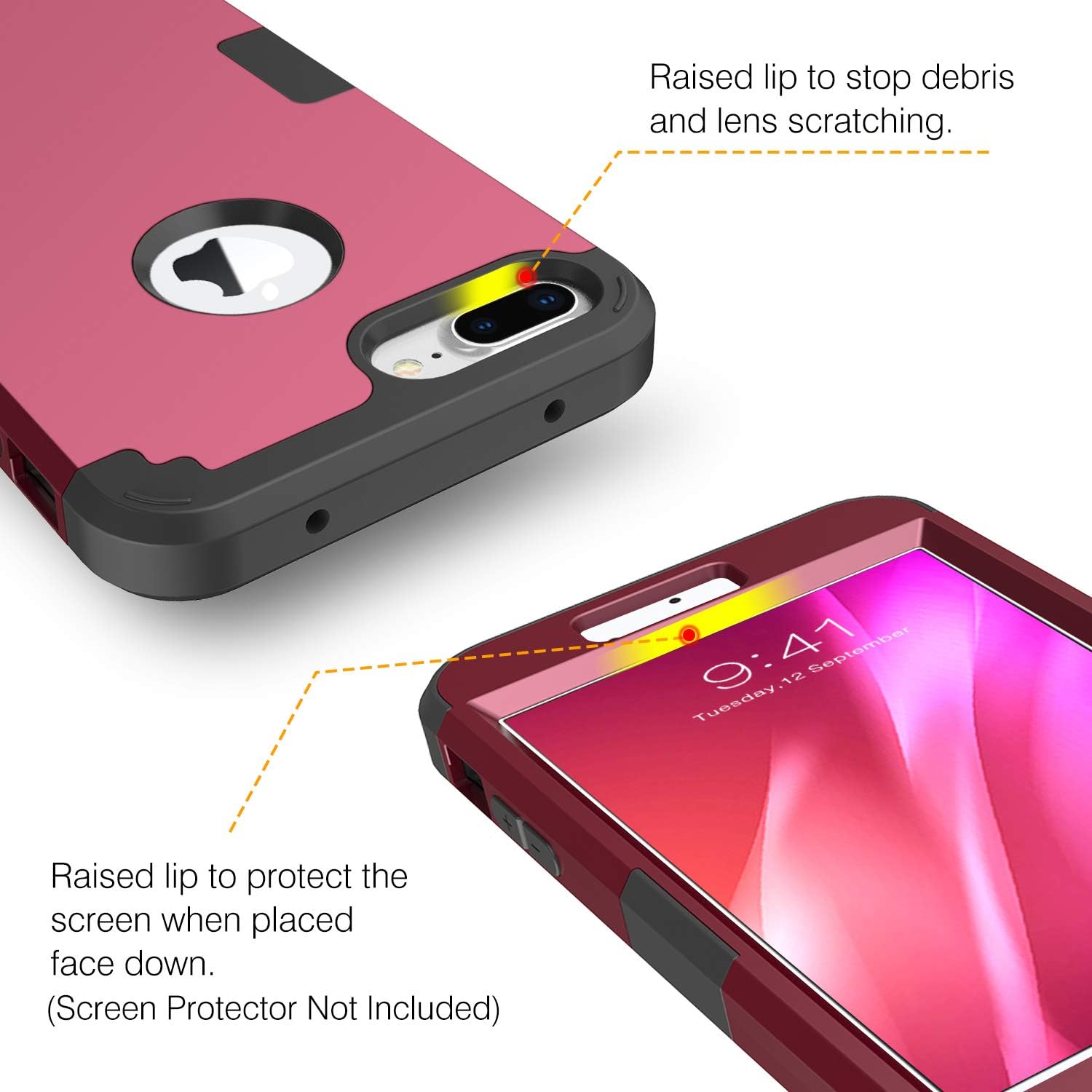 BENTOBEN Case Compatible with iPhone 8 Plus / 7 Plus Heavy Duty Shockproof Drop Protection 3 in 1 Hybrid Hard PC Covers Soft Rubber Bumper Protective Case Wine Red/Burgundy