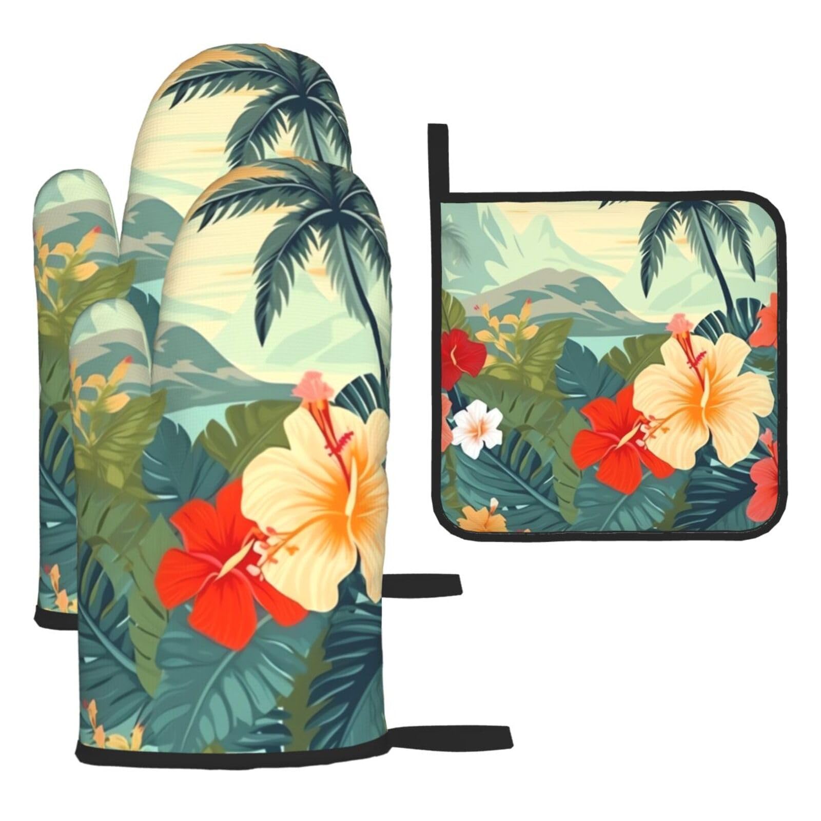3 Piece Oven Mitts and Pot Holders Set Heat Resistant Oven Gloves and Potholders BBQ Gloves Hot Pads Summer Hawaiian Cooking Gloves for Kitchen Baking Grilling