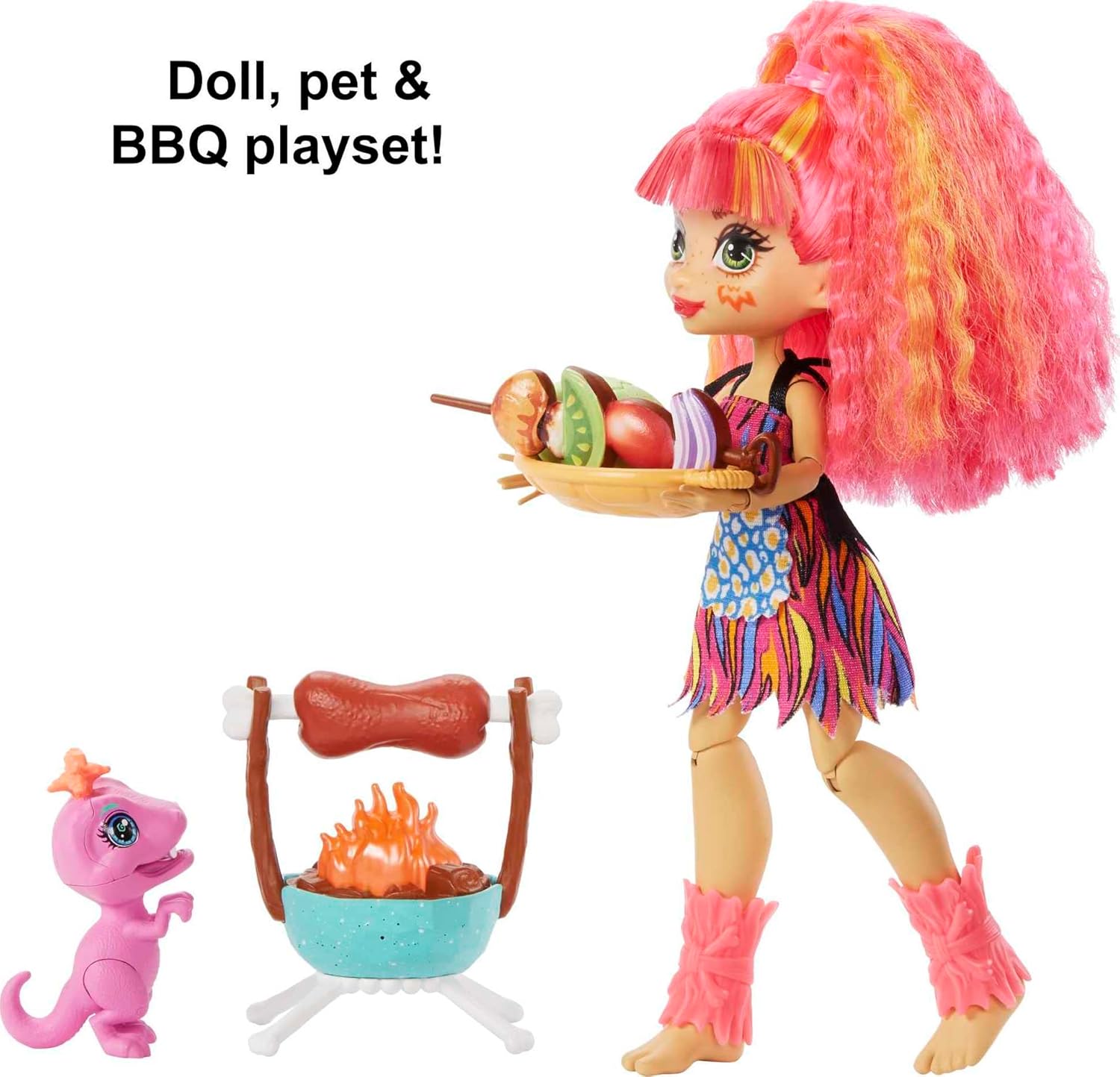 Mattel Cave Club Blazin' BBQ Adventure Playset with Emberly Doll (8 – 10-inch, Pink Hair), Dinosaur Pet and Storytelling Accessories with Cooking Theme, Gift for 4 Year Olds and Up