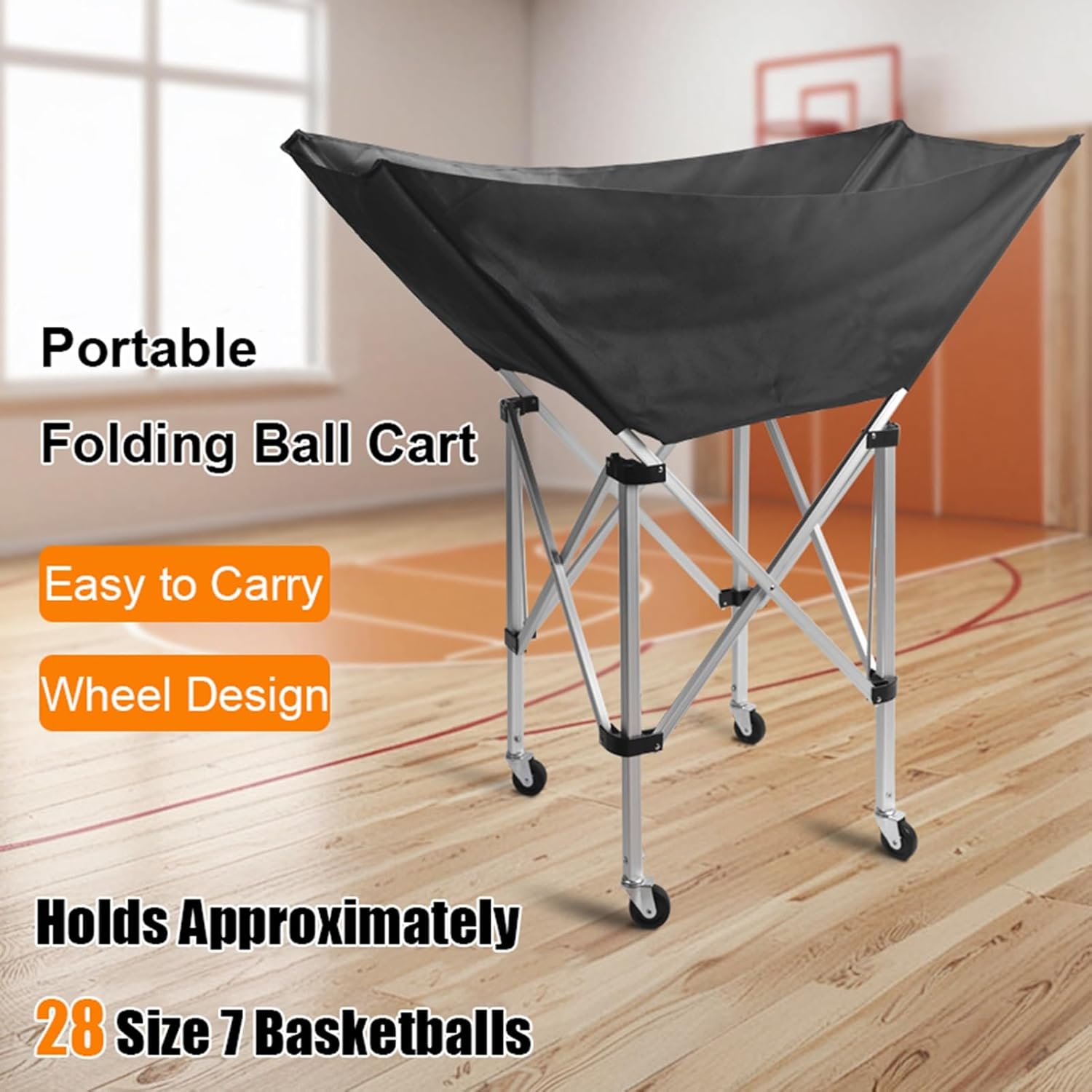 Foldable Volleyball Cart with Wheels - Large Capacity Ball Storage Rack for Indoor & Outdoor Use, Ideal Organizer for Basketball, Soccer, Tennis & Toys