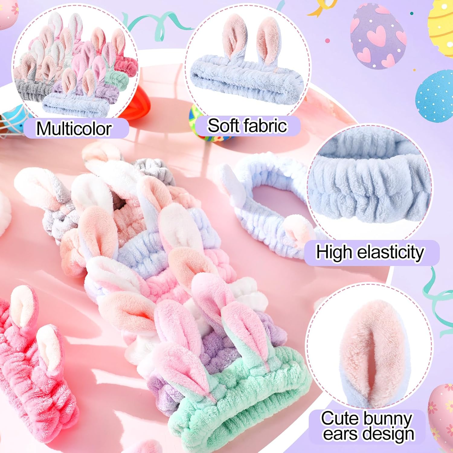 12 Pcs Bunny Ear Headbands Skin Care Headbands Fuzzy Makeup Cute Cosmetic Head Wraps Flannel Shower Hairband Coral Fleece Elastic Spa Hairband for Washing Face Women - Image 3