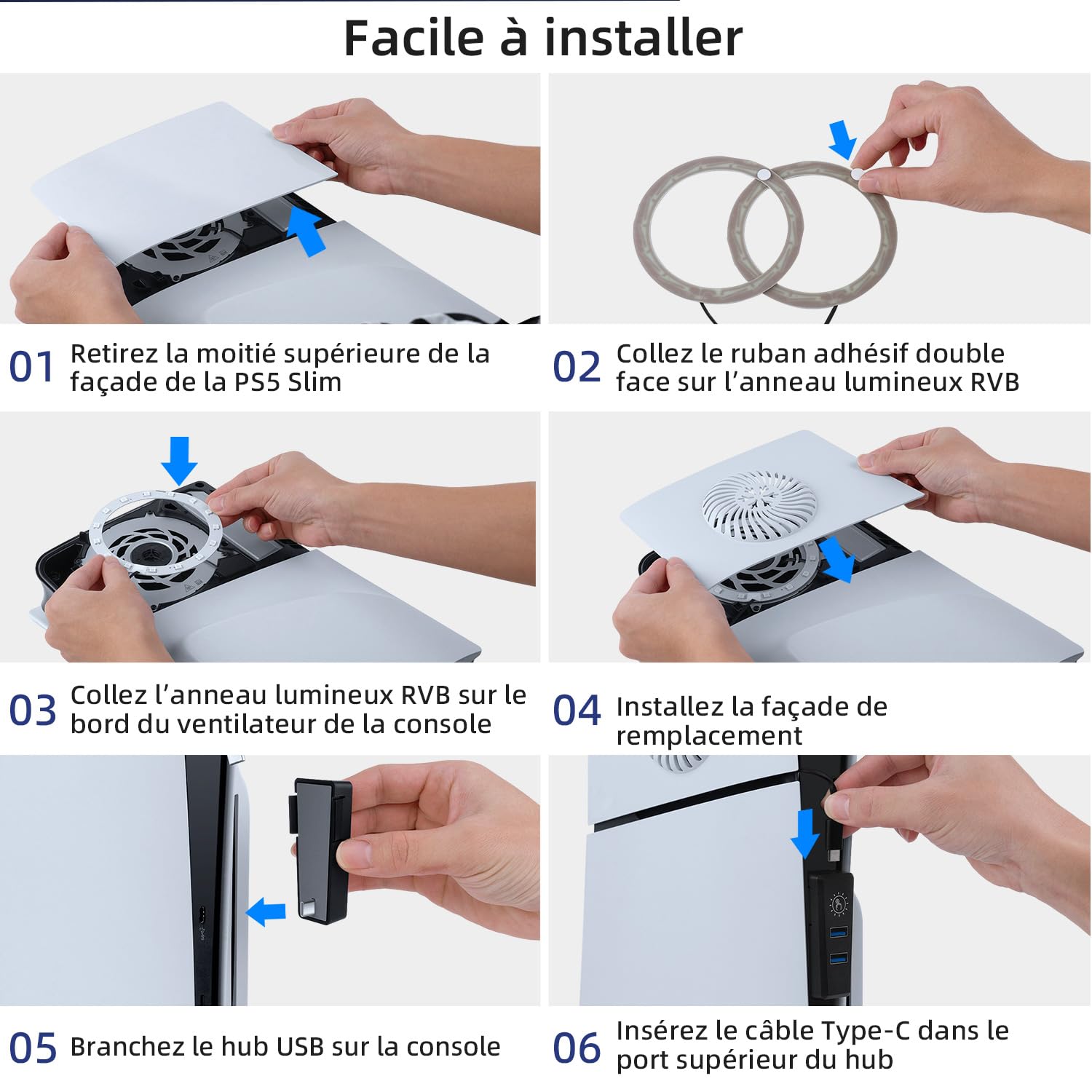 Mcbazel LED RGB Strip avec Trou de Refroidissement, Plaque Frontale de Remplacement, 2 Ports USB Hub, Accessoires de Jeu pour PS5 Slim Disc/Digital Edition – Blanc.(Non pour PS5/PS5 Pro)