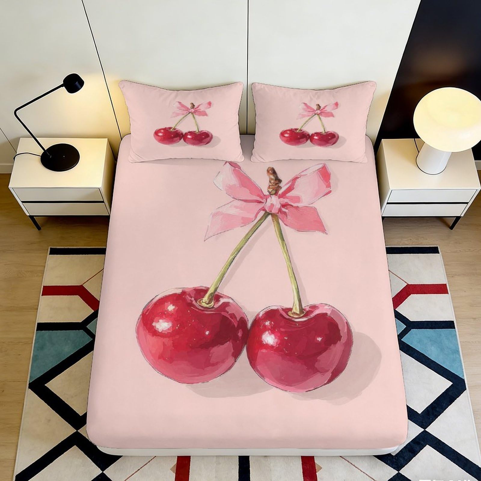 Jqzkxnhpbr Style-4 3D Printed Pink Cherry Fitted Sheet Microfiber Soft Non-Slip Bow Pattern Mattress Cover Bedroom Decor Easy Care 90X200x25cm