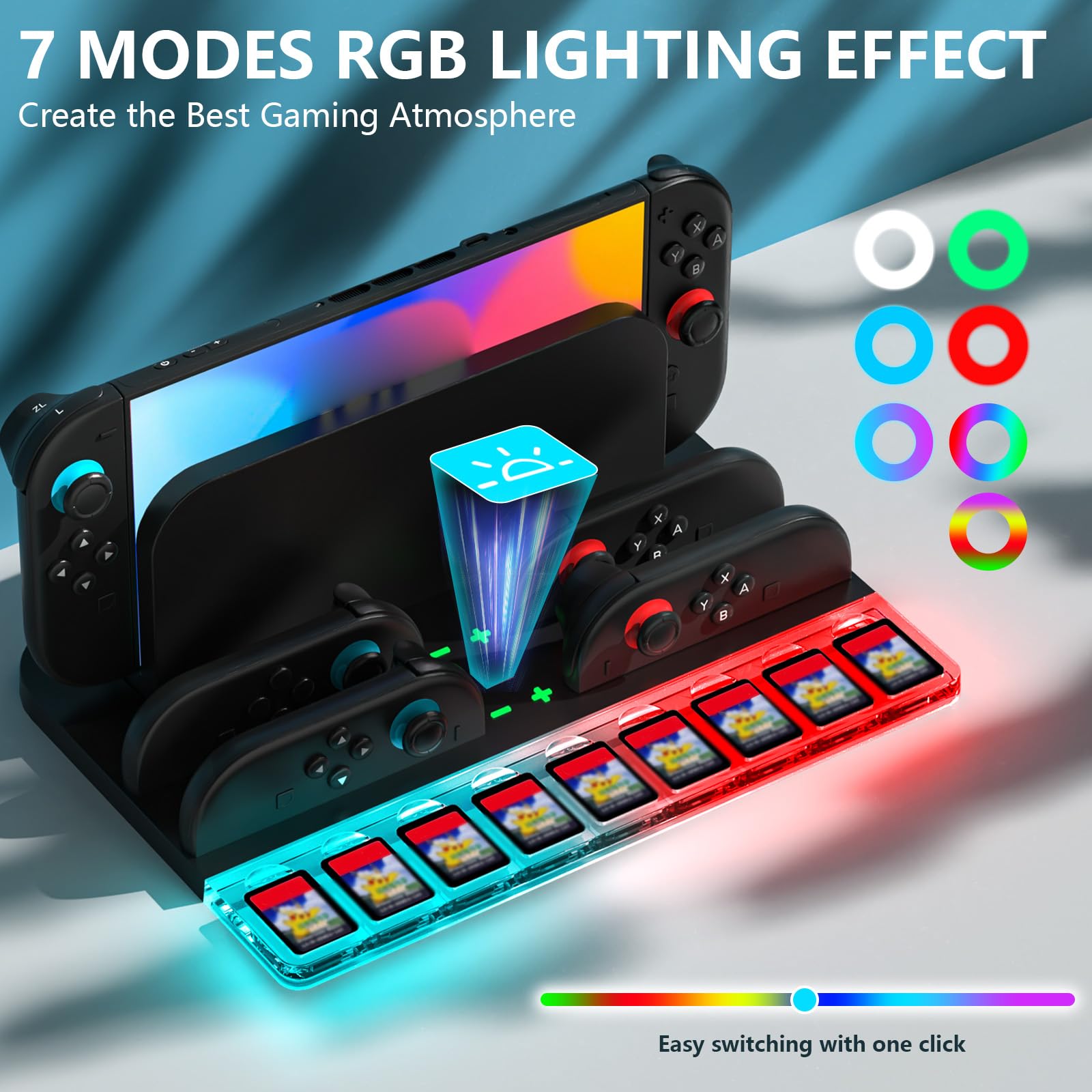 Caricatore Joycon per Nintendo Switch 2, Stazione di Ricarica per Controller Switch 2 con 7 Luci RGB/9 Memorizzazione Della Scheda di Gioco, Compatibile con 4 Joy Con