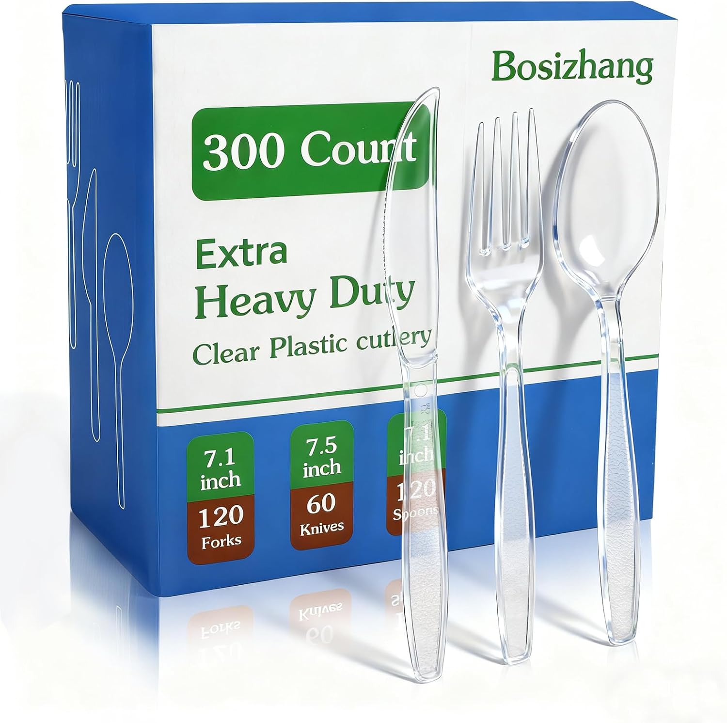 300 Count Extra Heavy Duty Plastic Silverware, 120 Spoons, 120 Forks, 60 Knives, BPA-Free & Heat Resistant Disposable Plastic Utensils Set, Clear Cutlery Set for Party and Daily Use