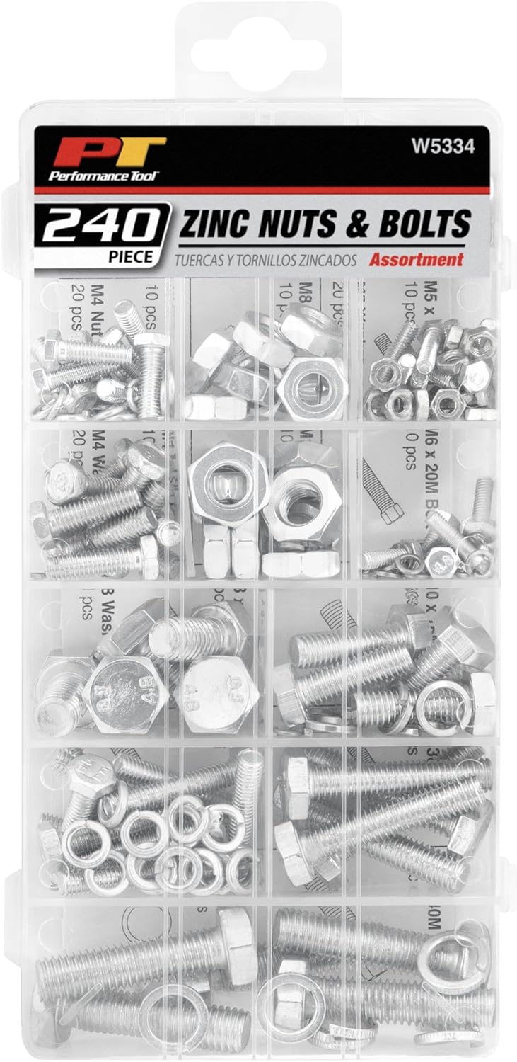 Closed case of the Performance Tool W5334 240pc Zinc Nuts & Bolts Assortment Kit, showing the product label.