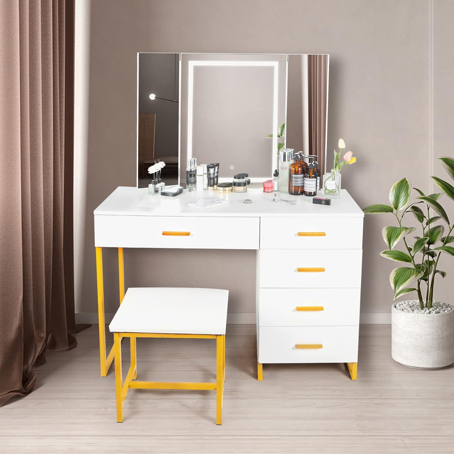 Vanity Desk with Mirror and Lights, Makeup Vanity Set with Cushiioned Stool, Storage Shelves and 5 Drawers for Bedroom, White