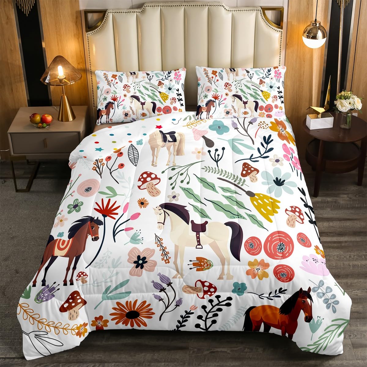 Erosebridal Juego de edredón de caballo occidental, juego de ropa de cama individual con diseño floral de hongos para niños, edredón de animales de dibujos animados, flores de acuarela, hojas, relleno