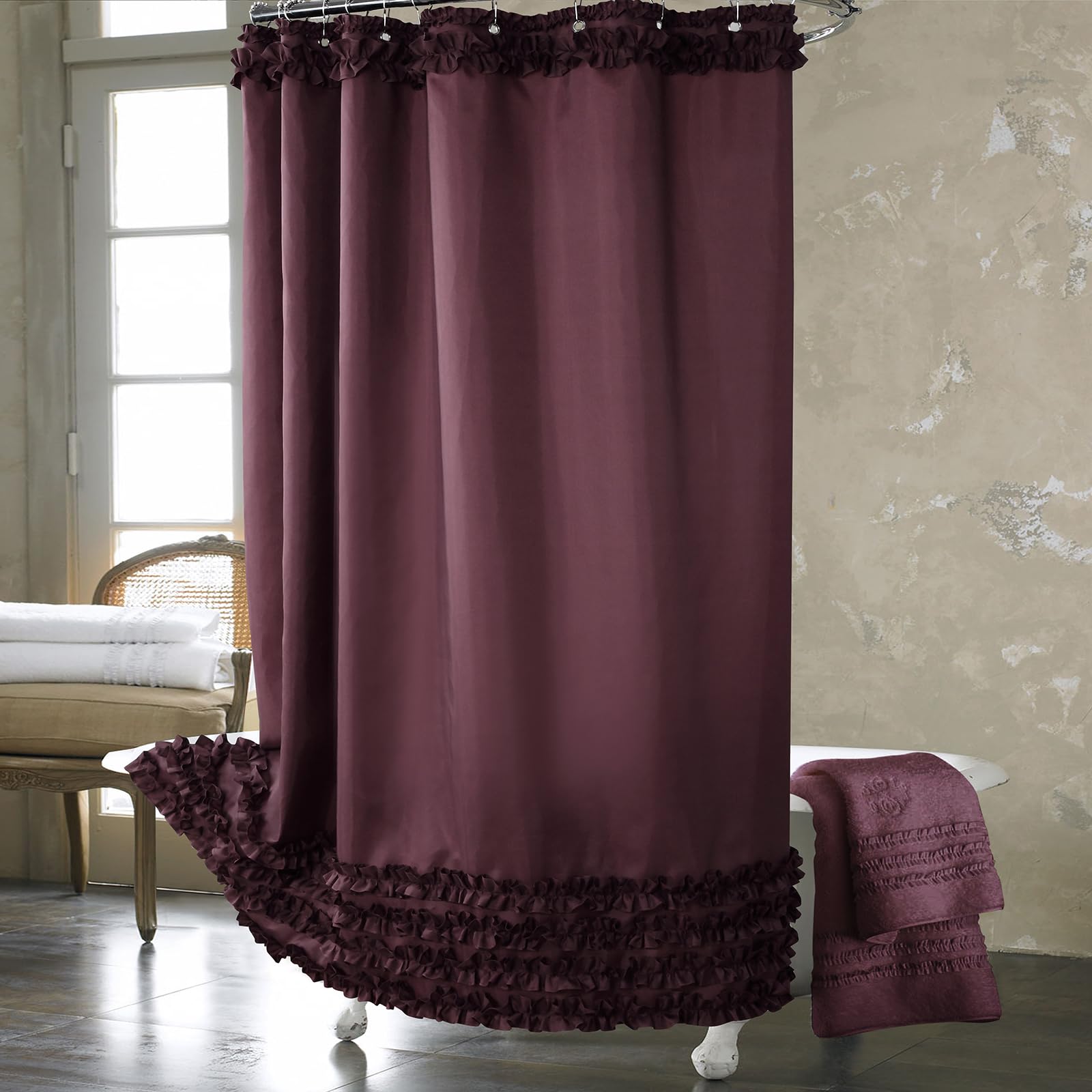 BESTRIPES Ruffle Shower Curtain, Burgundy Long Fabric Shower Curtain with Handmade Ruffles, Farmhouse Chic Bath Curtains, 72" W x 78" H