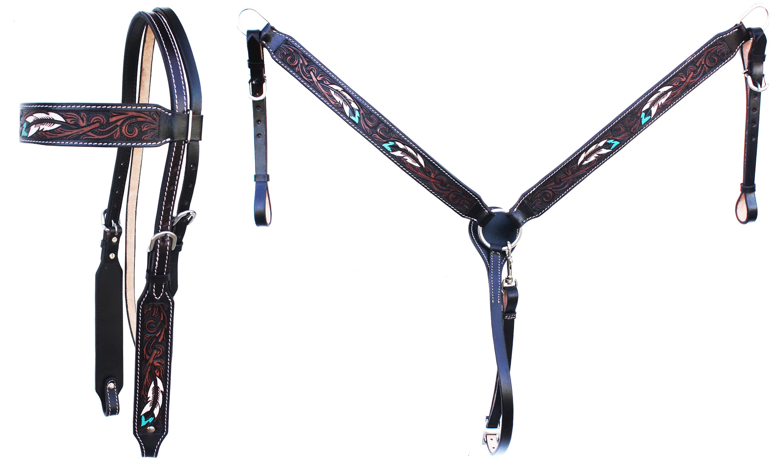Western, testiera per cavallo, briglia, pettorale, redini, puntine, in pelle, con lavorazione floreale, fatta a mano, 4 design a scelta (design 02, pony)