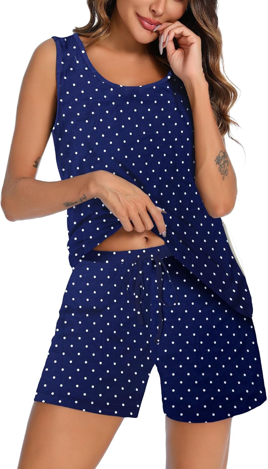ENJOYNIGHT Women's Pajamas Set Sleeveless Tee and Shorts Sleepwear Tank Top Pjs Set With Pockets