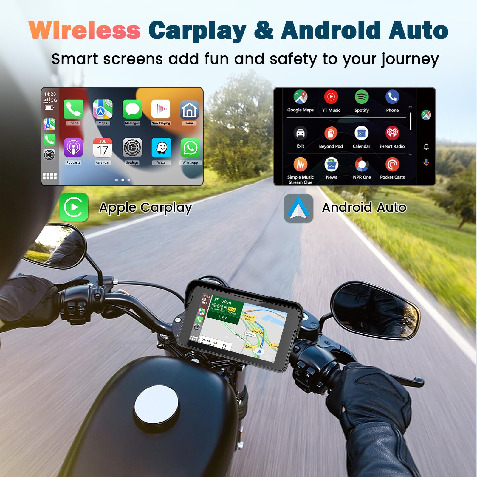 Navigatore Moto 5 Pollici Schermo Moto Carplay per Apple e Android Auto IP67 Impermeabile Touchscreen Bluetooth GPS