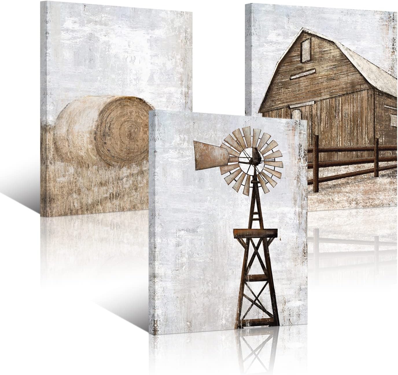 HOMEOART Farmhouse Wall Art Rustic Barn Windmill Cornfield Pictures Countryside Rural Landscape Painting Canvas Artwork Stretched and Framed Ready to Hang Home Decor 12"x16"x3 Pieces
