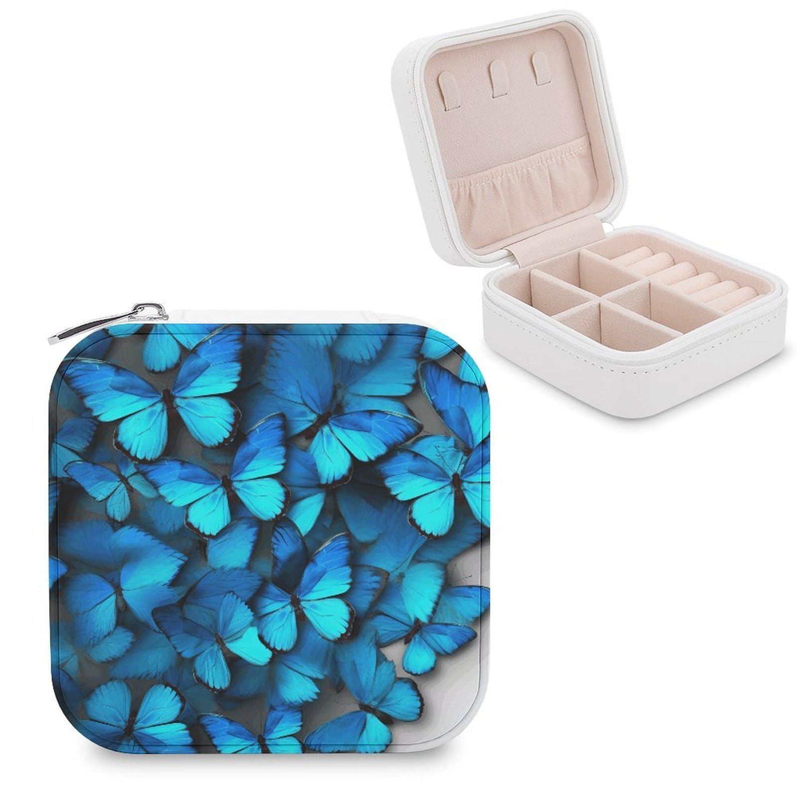 VstaDank Many Blue Butterfly Jewelry Box Portable Mini Travel Case Display Storage Holder Boxes PU Leather Small Jewelry Organizer for Women for Stud Earrings Rings Necklaces Bracelets