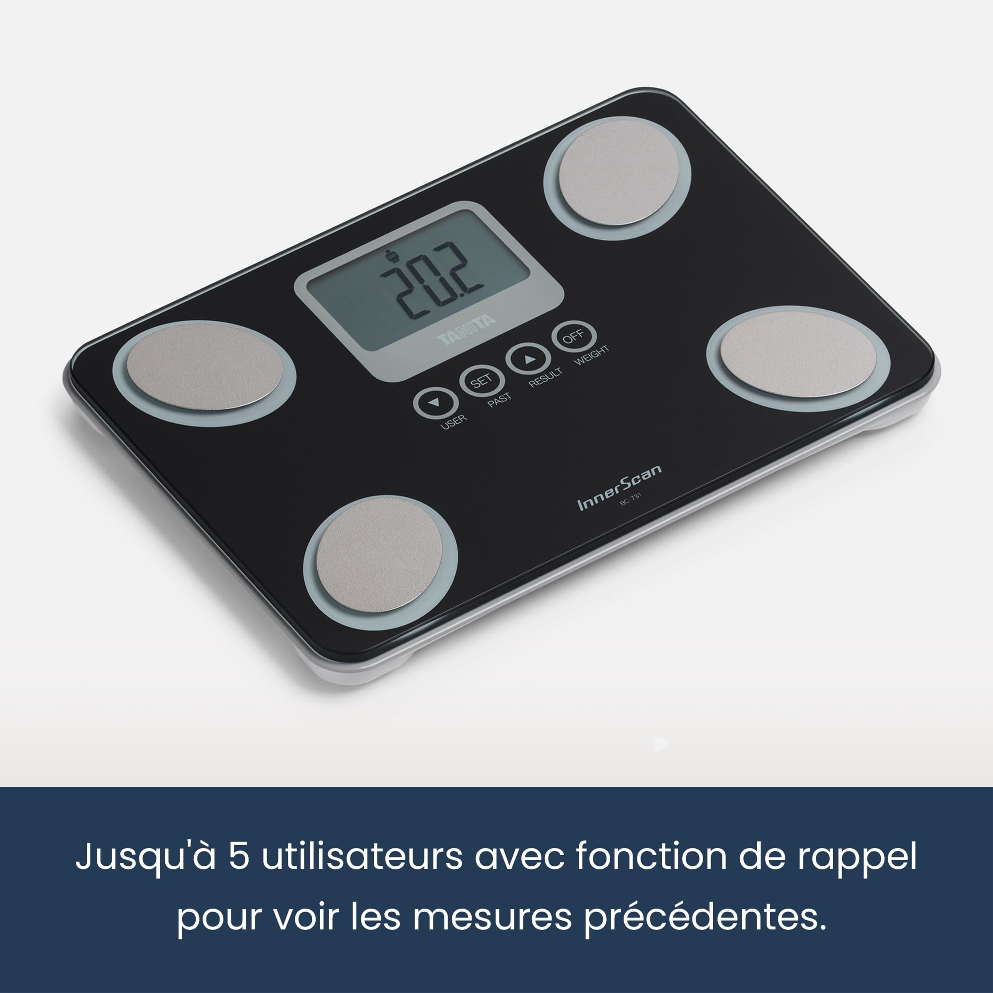 TANITA BC-731 Moniteur de Composition Corporelle Compact en Verre à Innerscan Écran LCD Facile à Lire 10 Mesures Noir