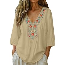 Embroidered Linen Blouses for Women Cotton Blend V Neck 3/4 Sleeve Floral Boho Vacation Tops Summer Outfits