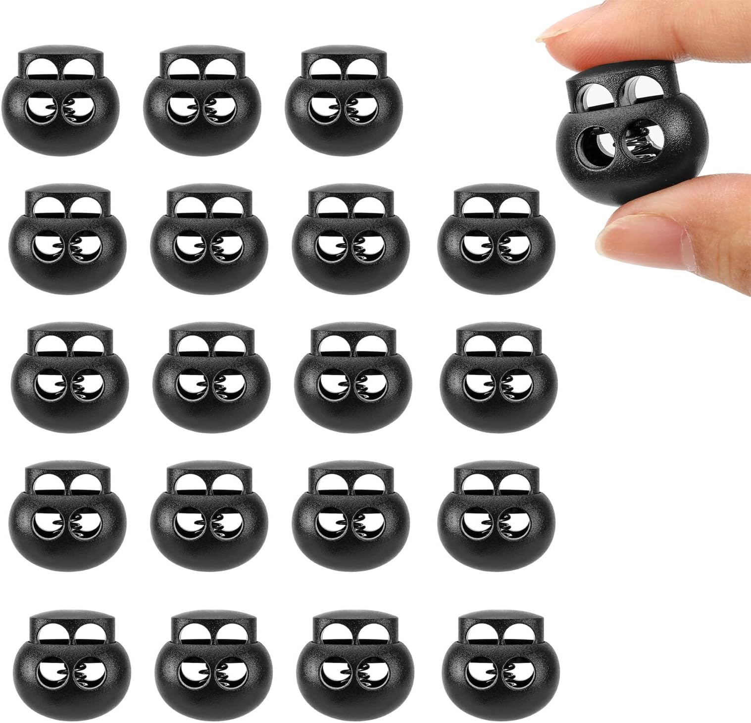 20 Pack Drawstring Toggles, Heavy Duty Black Cord Locks, Double Hole Spring Locks for Drawstrings, Oval Toggle Stoppers, Durable Drawcord Fasteners for Bags, Hoodies, Jackets