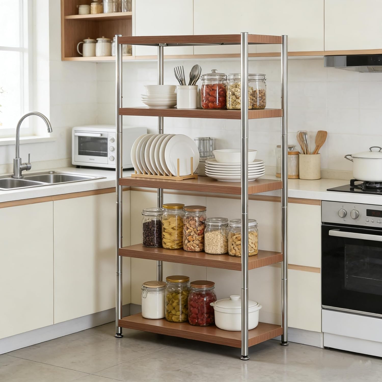 KAIHAOWIN 67" H Heavy Duty 5-Tier Storage Shelving Unit, Adjustable Stainless Steel Wood Grain Transfer, 400 lbs Capacity Garage Metal Organizer for Kitchen Pantry Garage (30 * 16 * 70 Wood)