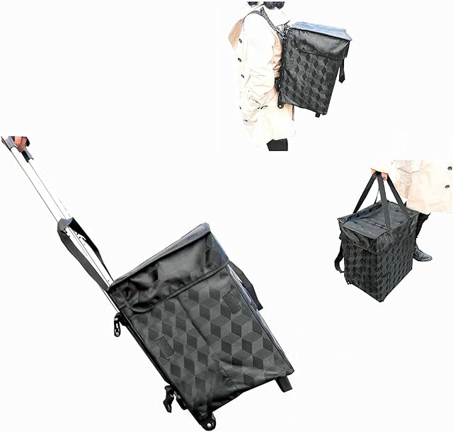 Fineget Foldable Shopping Trolley Grocery Cart Bag with Wheels Backpack Collapsible Folding Up Reusable Shoulder Utility Bag Straps Tubular for Women Men Beach Picnic Laundry School Teacher Black