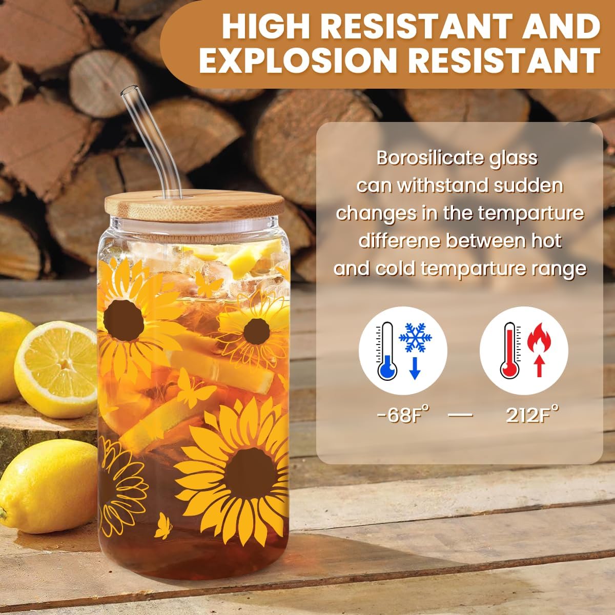 SANDJEST Sunflower Gifts for Women - Sunflower Cup 16 Oz Can Glass Coffee Cups with Bamboo Lid and Straw - Gift for Birthday