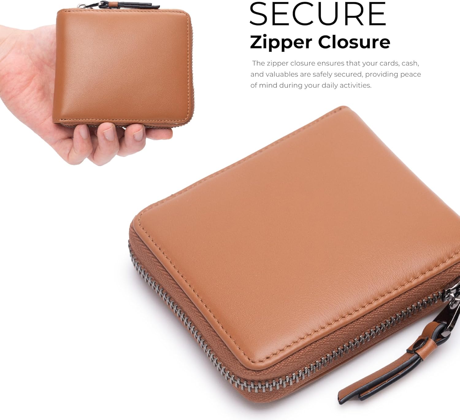 Alldaily RFID Blocking Wallets for Men with Zipper Bifold RFID Card Holder (Leather Brown) - Image 3