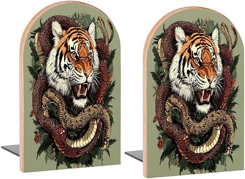 Book Ends Tiger and Snake Wood Bookends for Shelves to Hold Books Heavy Duty Non-Skid Book Stoppers Wood Decorative Home Office School
