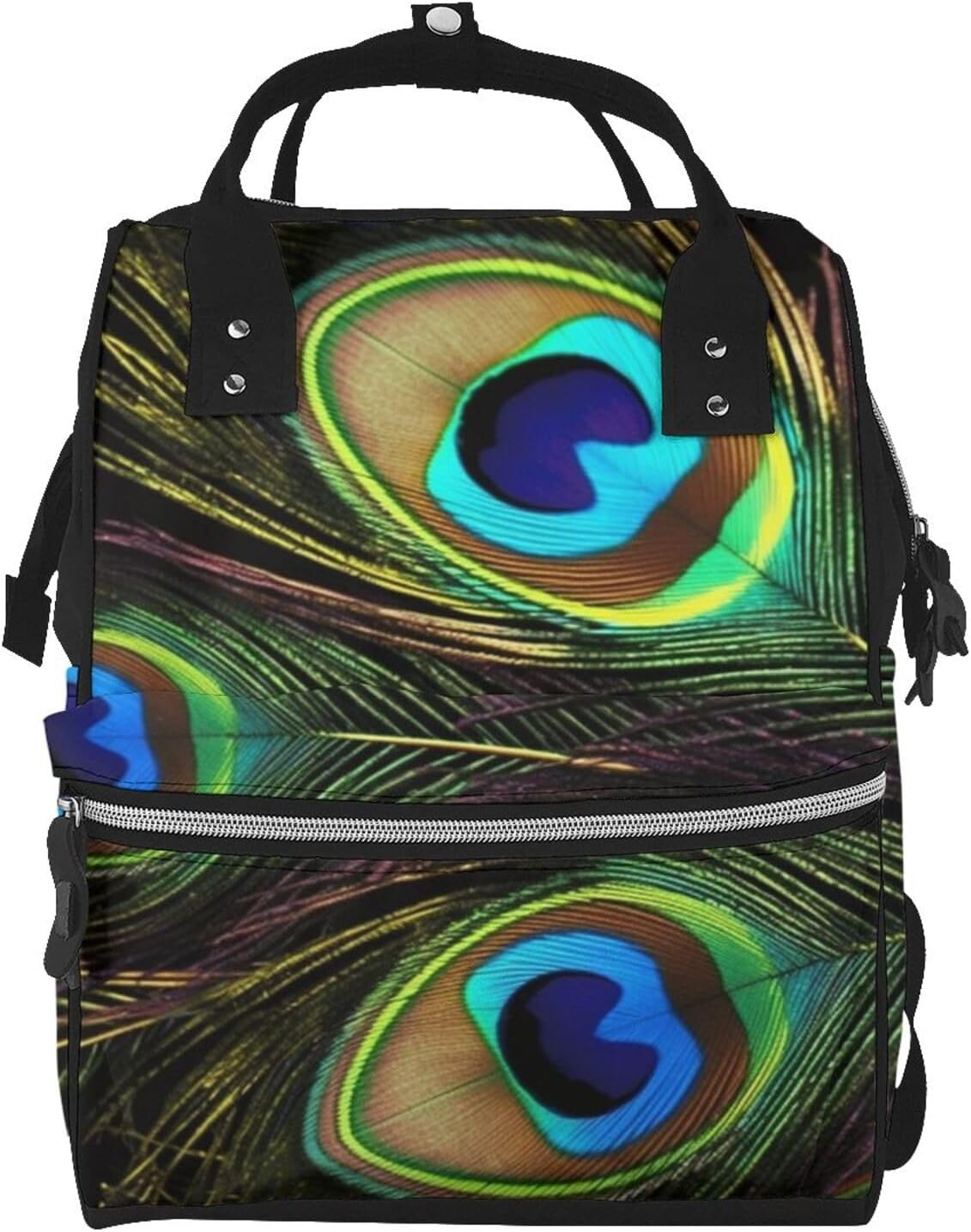 Peacock Feathers Diaper Bag Backpack for Women Multifunction Waterproof Mummy Backpacks for Mom Dad, Large Capacity Nappy Bag with Changing Pad Casual Daypack Travel Bags
