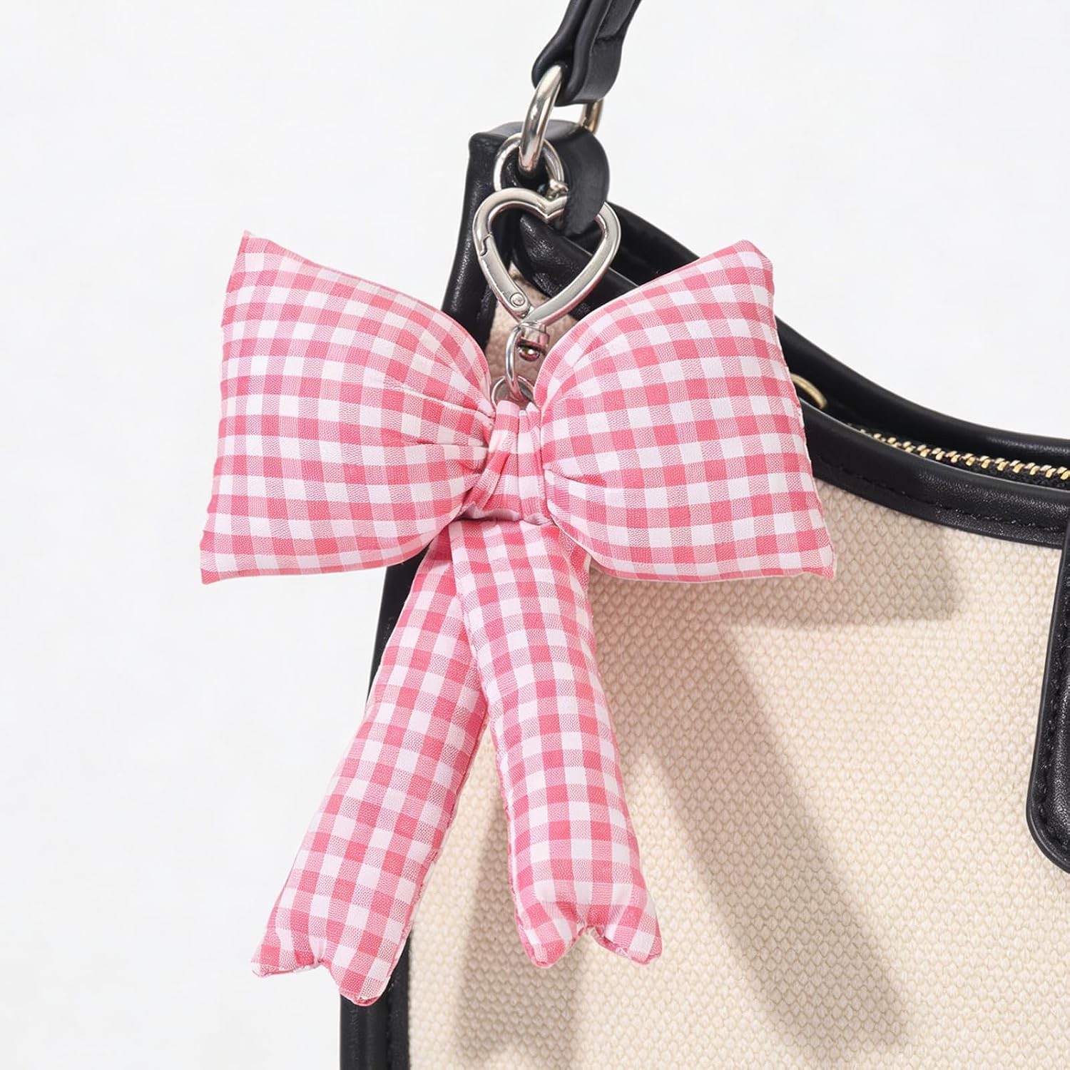 Pink Bow Keychain Bag Purse Charms, Fabric Bowknot Plaid Keyring for Women, Y2K Aesthetic Bow Backpack Accessories