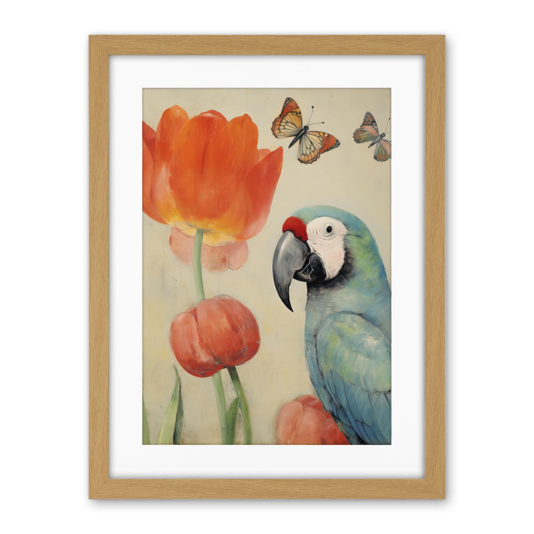 Artery8 Parrot and Tulips Flowers Butterflies Pastel Colour Artwork Floral Spring Oil Painting Artwork Framed Wall Art Print 18X24 Inch