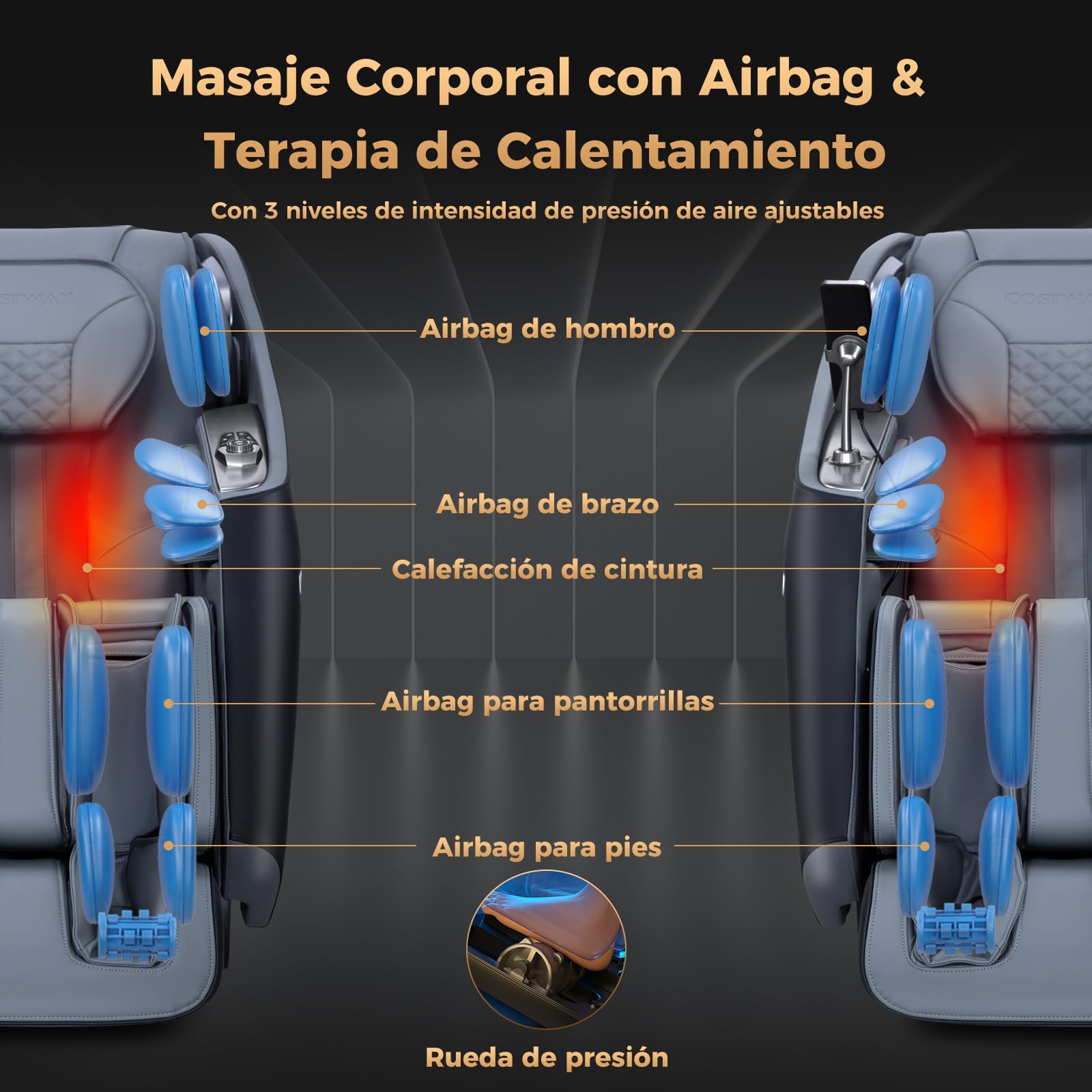 COSTWAY Sillón de Masaje de Cuerpo Completo, Silla Shiatsu con Calefacción de Cintura y Masaje con Bolsa de Aire, Rodillos para Pies,Detección Automática de Hombros,Control Remoto y 12 Modos (Negro)