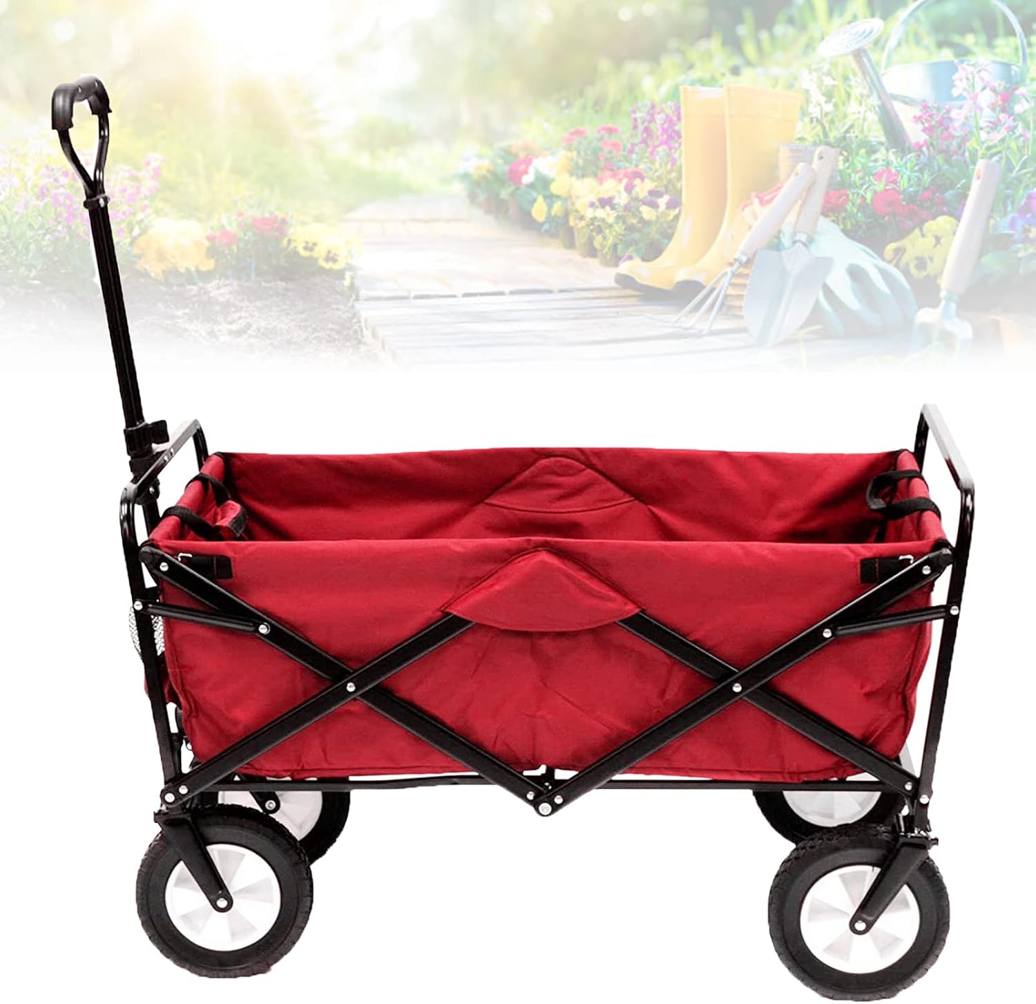 Beach Wagon Heavy Duty Cart, Portable Garden Cart 4 Wheel Festival Trolley with Side Bag Cup Holder Camping Wagon for Shopping Grocery Sports Equipment Tailgating (Blue)