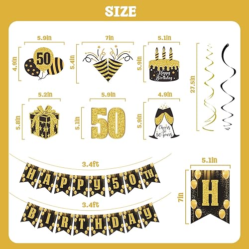 Miniatura 3 de Juego de pancarta de feliz cumpleaños 50 con serpentinas Cartel de cumpleaños negro dorado con purpurina, decoraciones de fiesta de cumpleaños 50