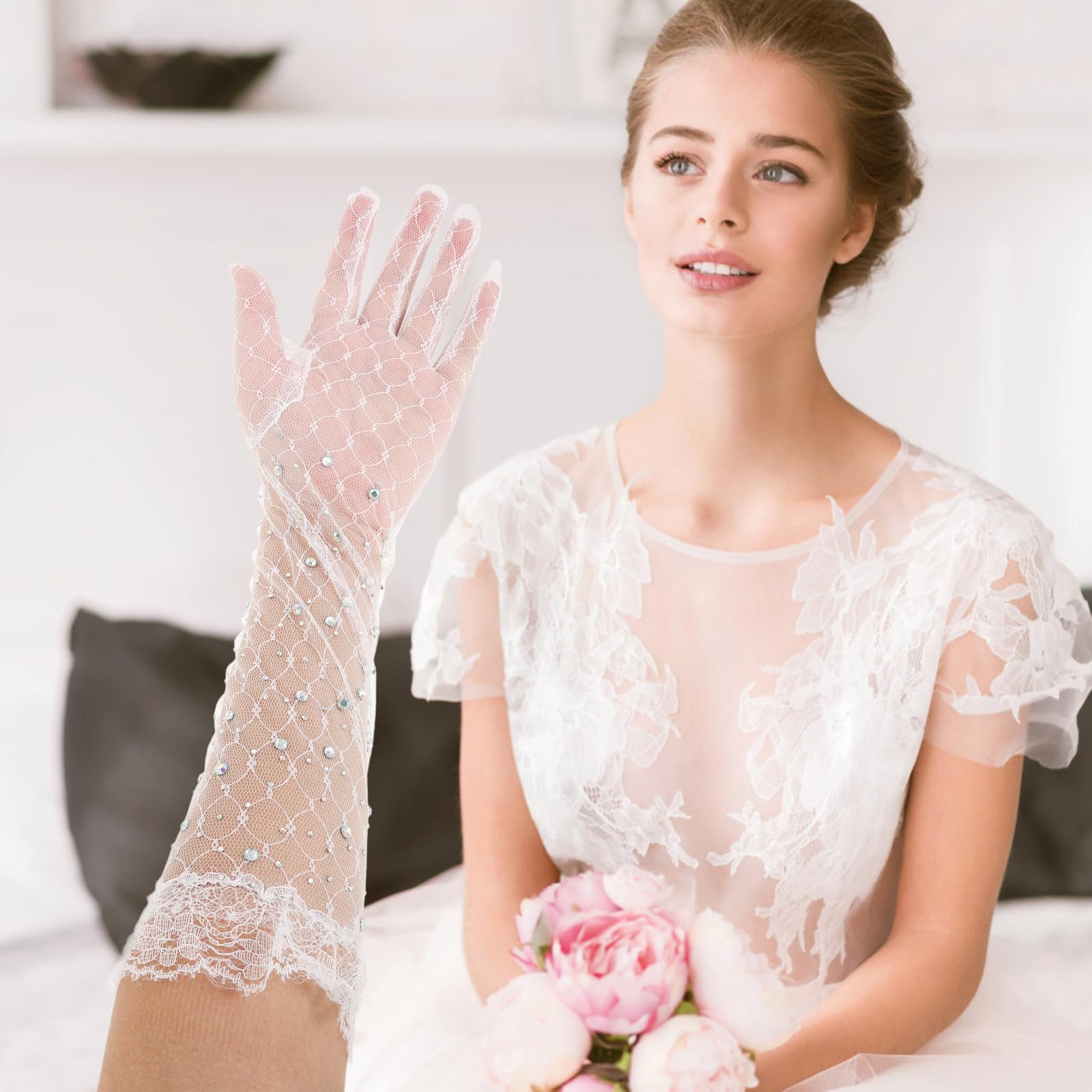 Abaodam 3 Pares Guantes Largos de Encaje Blanco para Mujer Diseño Elegante y Material Transpirable para Bodas y Eventos Formales