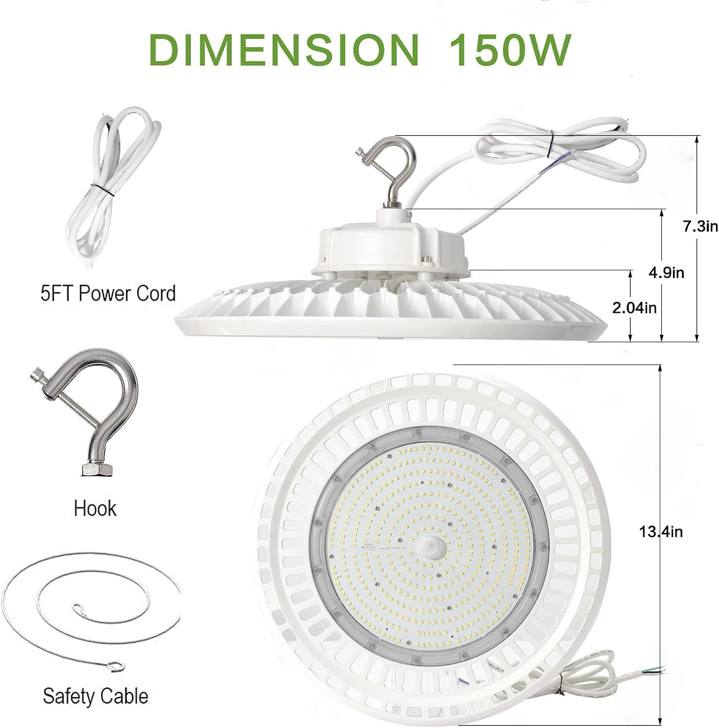 150W UFO LED High Bay Light, White Housing 24000lm 5000K 500W HID/HPS Equiv. US Hook Pedant Mount, 5FT Cable, Dimmable High Bay Lighting for Gym Factory Warehouse Workshop Garage