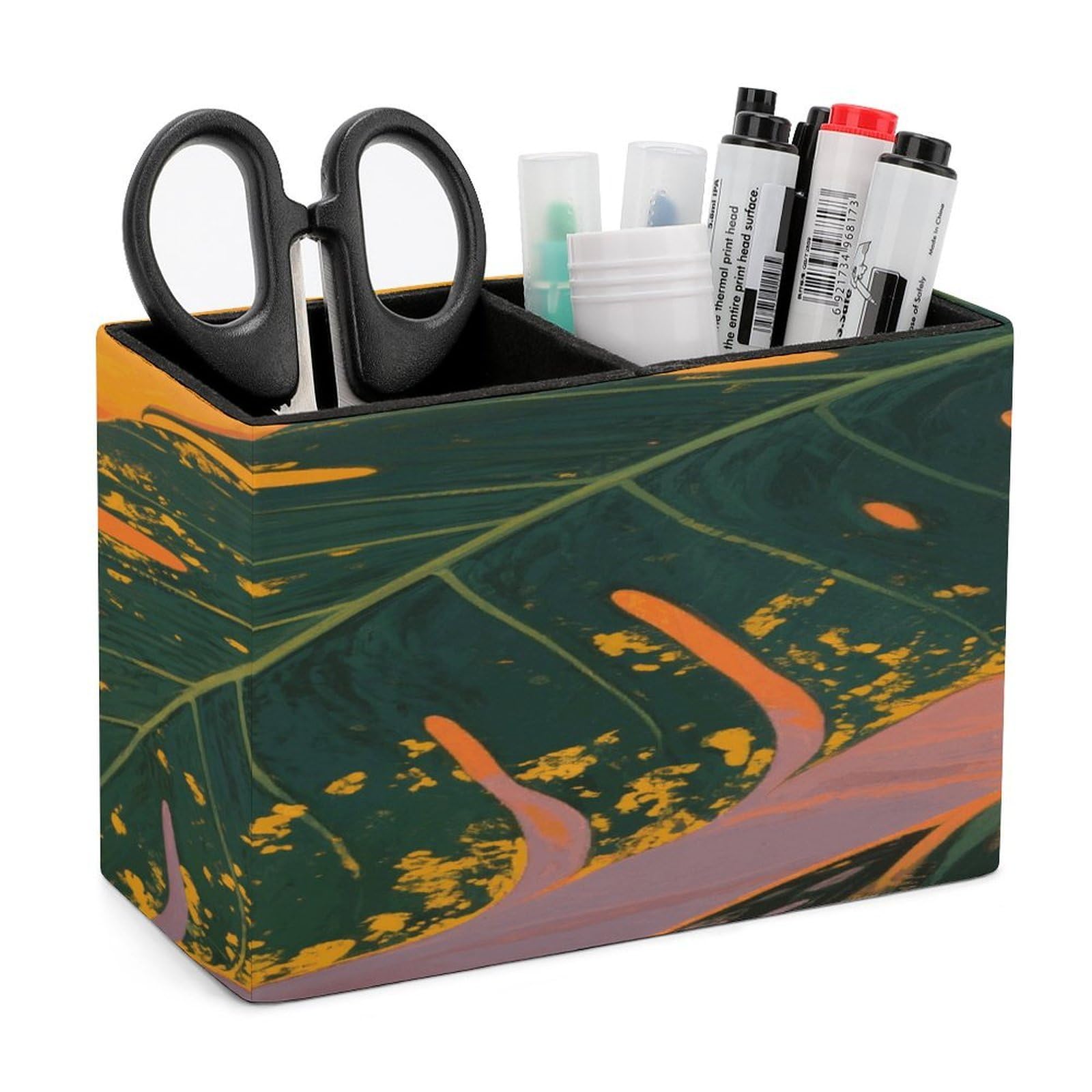 VstaDank Tropical Palm Leaves Pencil Holder for Desk Organizer 2 Compartments Pen Cup Leather Square Pen Holder Pencil Cup Stand Makeup Brush Holders for Desktop Organizer Storage Case