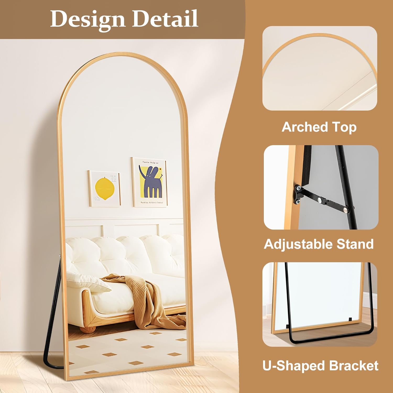 Arched Full Length Mirror with Stand, 64"x21" Full Body Mirror Standing Hanging or Leaning Wall, Arch Wall Mirror with Aluminum Alloy Thin Frame for Bedroom Living Room Gold