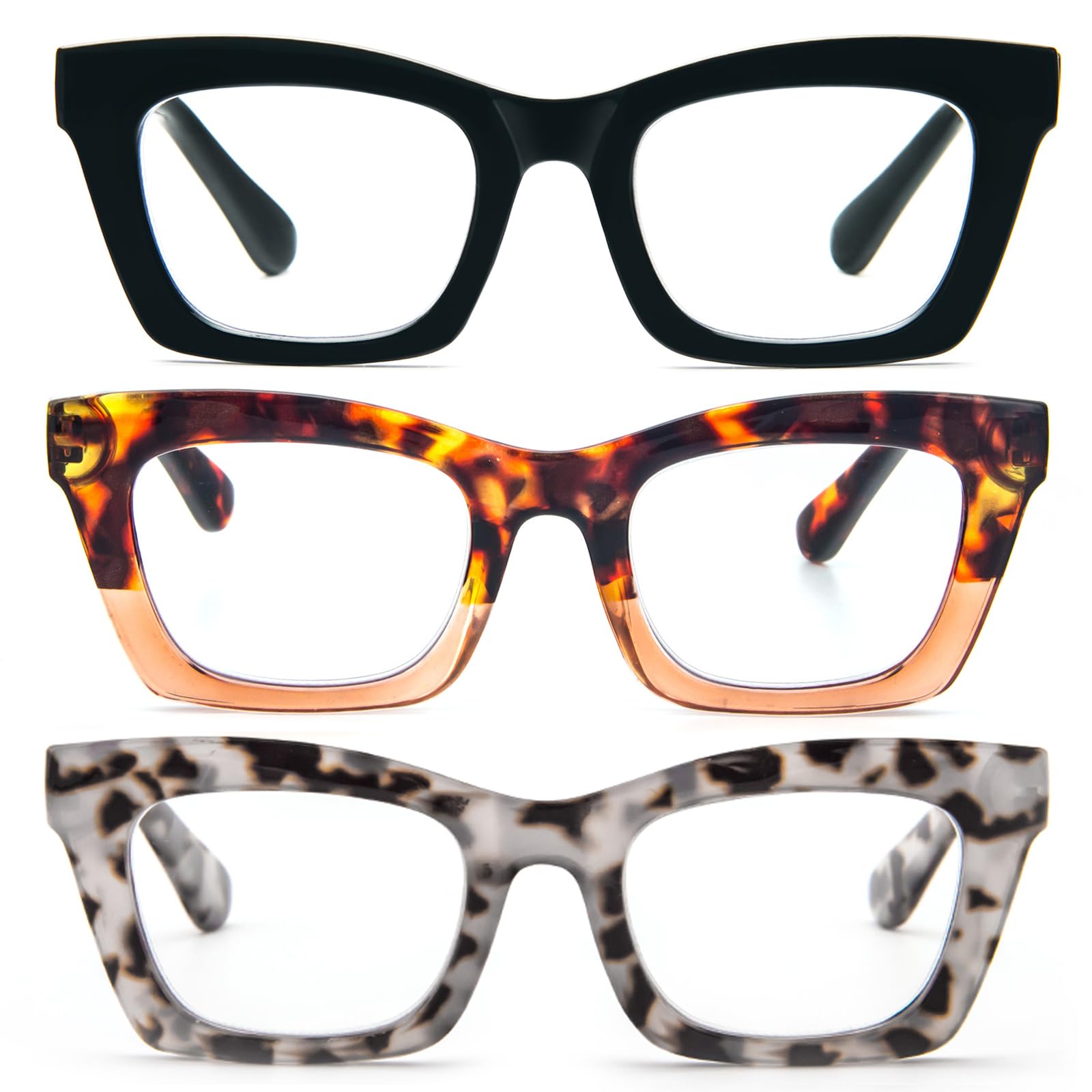 MMOWW 3 Pack Oversized Reading Glasses for Women Square Frame Fashion Style Readers Blue Light Blocking Reading Glasses (Black+Tortoiseshell Tea+Grey Tortoiseshell