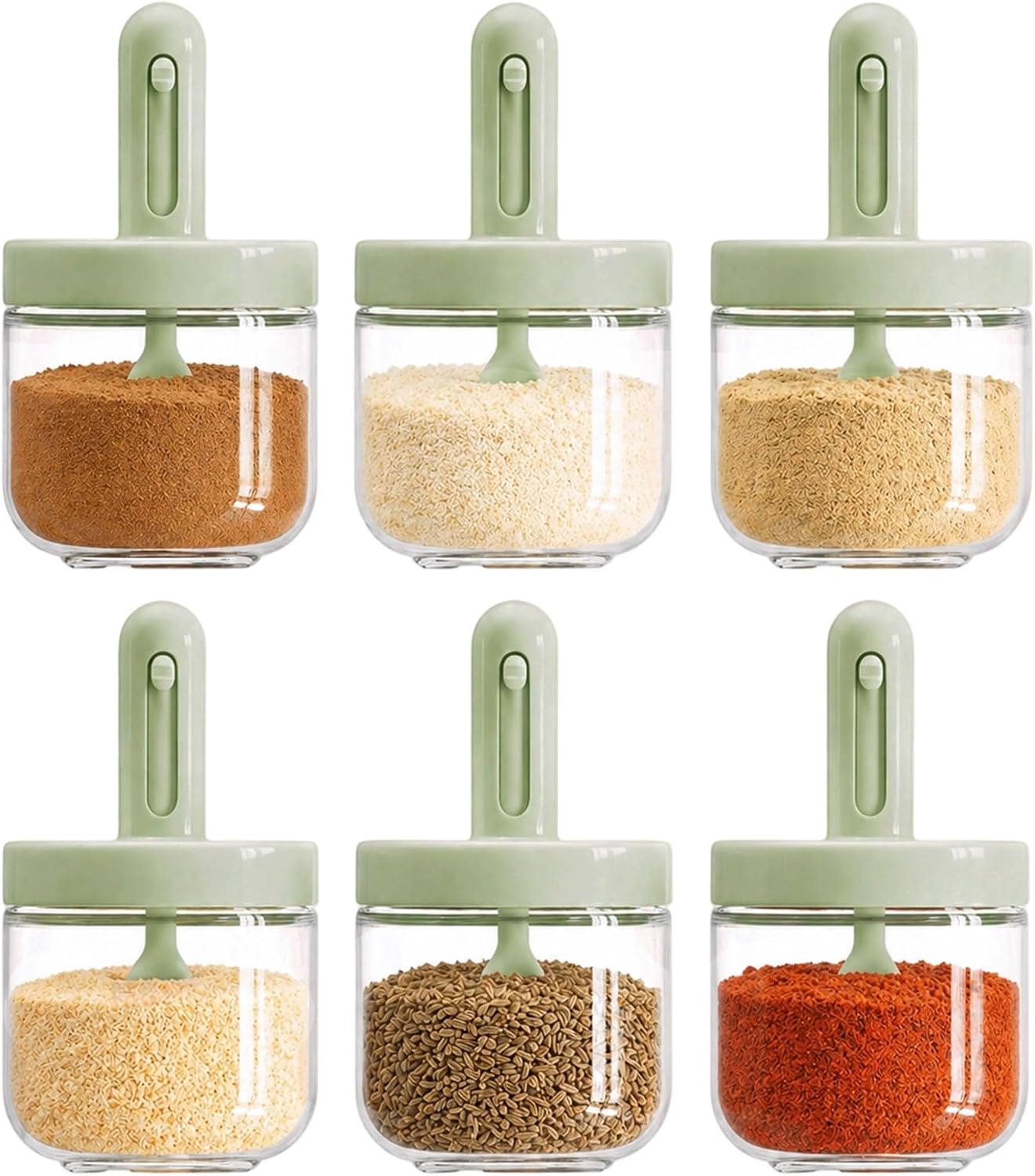 ShanSon 6-Piece Glass Spice Jars with Adjustable Spoon, 10.16oz /300ml Seasoning Containers with Airtight Lids, Moisture-Proof Condiment Pots, Spice Organizer for Kitchen Countertop & Pantry Storage
