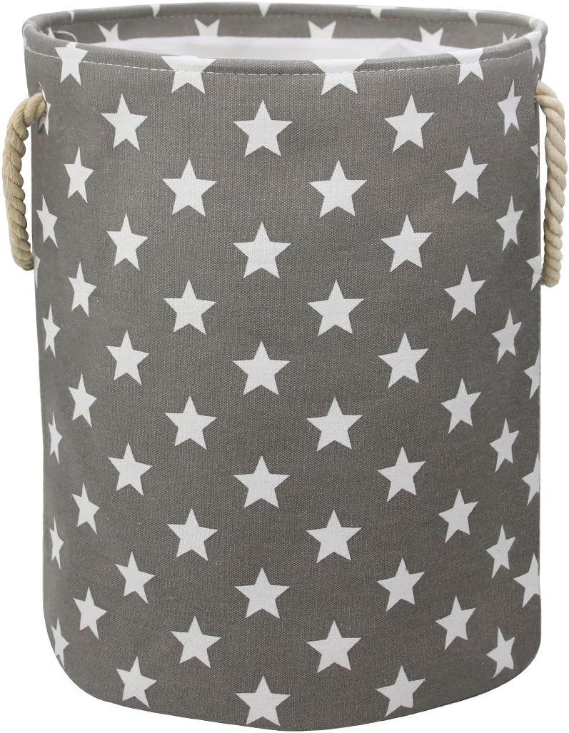 Lovely Stars Pattern Design Laundry Hamper Cotton Fabric Washable Cylindric Storage Basket with Rope Handles, Decorative and Convenient for Kids Bedroom (Grey)