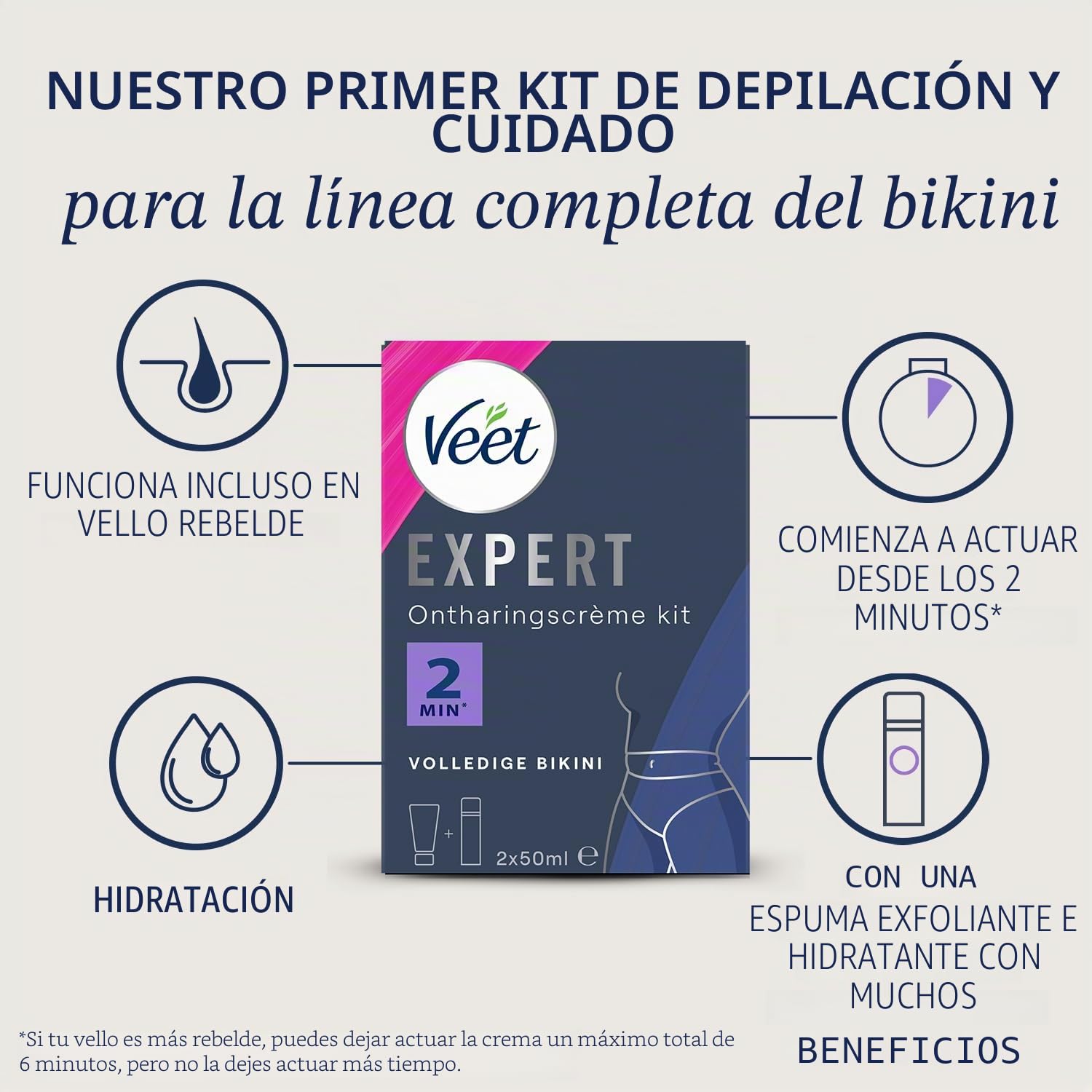 VEET Expert – Crema depilatoria para cabello rebelde – Maillot de cuerpo completo con espuma exfoliante – Actúa en 2 minutos – 2 x 50 ml
