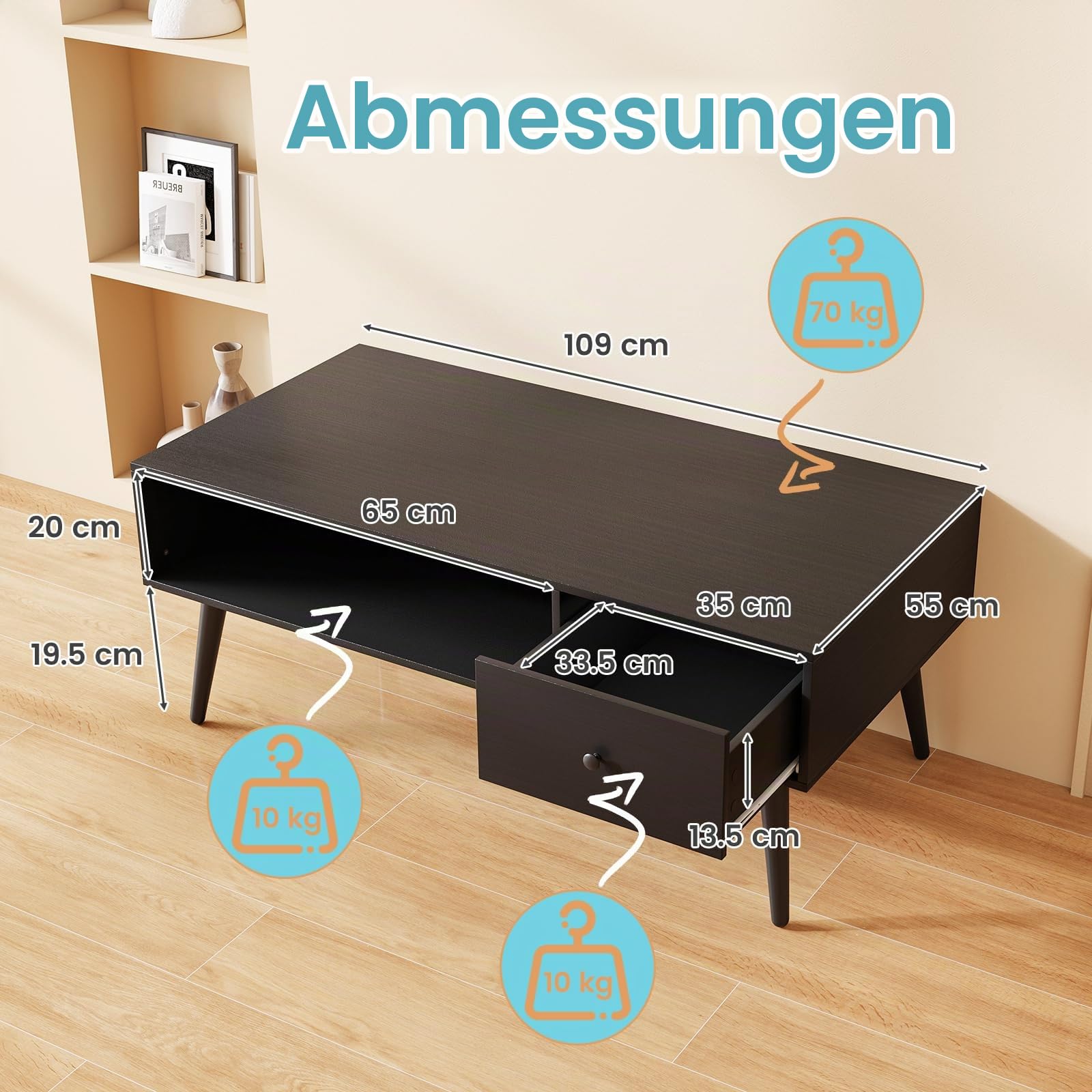 LIFEZEAL Couchtisch Rechteckig, Wohnzimmertisch aus Holz, Sofatisch Teetisch mit Stauraum, Industrielles Design, 109 x 55 x 39,5 cm (Schwarz)