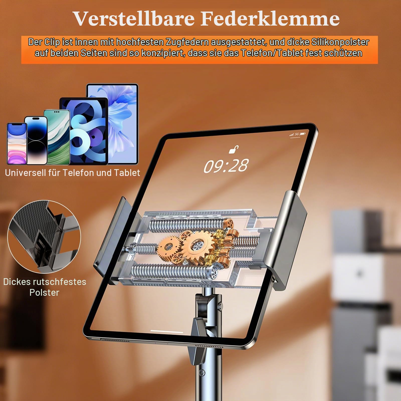 Tablet Bodenständer,Tablet Halterung 360 Grad Drehbar Höhenverstellbarer Metall Tablet Halter mit Ausziehbarer Arm für Zuhause Bett Sofa Kompatibel mit 4-12.8" iPad iPhone Kindle E-Reader (3 Segment)